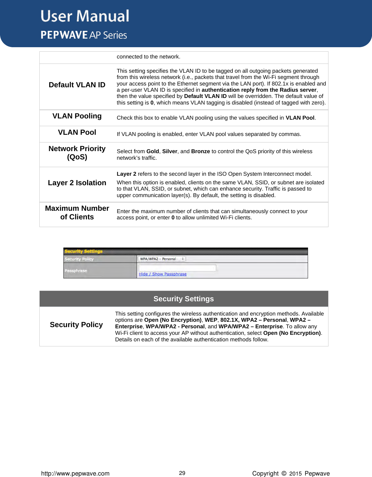 User Manual      http://www.pepwave.com 29 Copyright  ©  2015  Pepwave connected to the network. Default VLAN ID This setting specifies the VLAN ID to be tagged on all outgoing packets generated from this wireless network (i.e., packets that travel from the Wi-Fi segment through your access point to the Ethernet segment via the LAN port). If 802.1x is enabled and a per-user VLAN ID is specified in authentication reply from the Radius server, then the value specified by Default VLAN ID will be overridden. The default value of this setting is 0, which means VLAN tagging is disabled (instead of tagged with zero). VLAN Pooling Check this box to enable VLAN pooling using the values specified in VLAN Pool. VLAN Pool If VLAN pooling is enabled, enter VLAN pool values separated by commas. Network Priority (QoS) Select from Gold, Silver, and Bronze to control the QoS priority of this wireless network’s traffic. Layer 2 Isolation Layer 2 refers to the second layer in the ISO Open System Interconnect model. When this option is enabled, clients on the same VLAN, SSID, or subnet are isolated to that VLAN, SSID, or subnet, which can enhance security. Traffic is passed to upper communication layer(s). By default, the setting is disabled.  Maximum Number of Clients Enter the maximum number of clients that can simultaneously connect to your access point, or enter 0 to allow unlimited Wi-Fi clients.   Security Settings Security Policy This setting configures the wireless authentication and encryption methods. Available options are Open (No Encryption), WEP, 802.1X, WPA2 – Personal, WPA2 – Enterprise, WPA/WPA2 - Personal, and WPA/WPA2 – Enterprise. To allow any Wi-Fi client to access your AP without authentication, select Open (No Encryption). Details on each of the available authentication methods follow.       