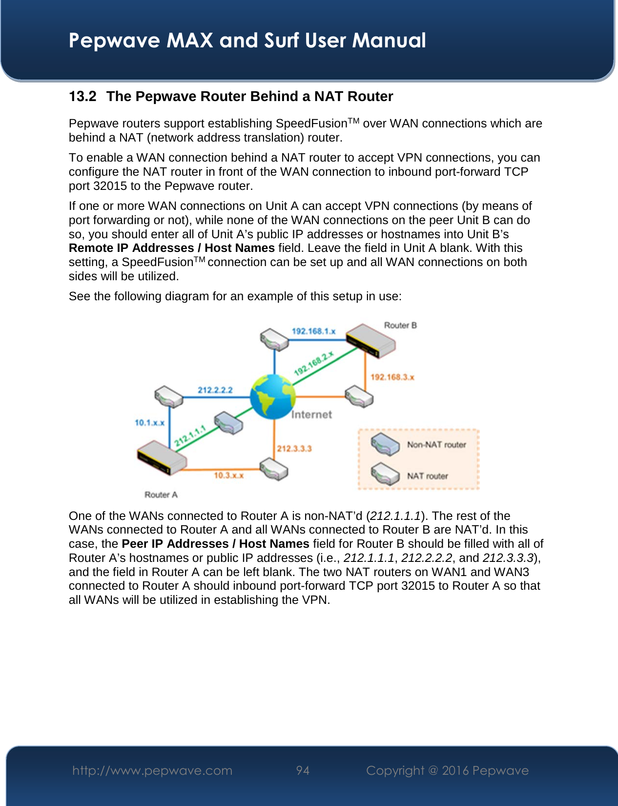  Pepwave MAX and Surf User Manual http://www.pepwave.com  94    Copyright @ 2016 Pepwave   13.2  The Pepwave Router Behind a NAT Router Pepwave routers support establishing SpeedFusionTM over WAN connections which are behind a NAT (network address translation) router. To enable a WAN connection behind a NAT router to accept VPN connections, you can configure the NAT router in front of the WAN connection to inbound port-forward TCP port 32015 to the Pepwave router. If one or more WAN connections on Unit A can accept VPN connections (by means of port forwarding or not), while none of the WAN connections on the peer Unit B can do so, you should enter all of Unit A’s public IP addresses or hostnames into Unit B’s Remote IP Addresses / Host Names field. Leave the field in Unit A blank. With this setting, a SpeedFusionTM connection can be set up and all WAN connections on both sides will be utilized. See the following diagram for an example of this setup in use:  One of the WANs connected to Router A is non-NAT’d (212.1.1.1). The rest of the WANs connected to Router A and all WANs connected to Router B are NAT’d. In this case, the Peer IP Addresses / Host Names field for Router B should be filled with all of Router A’s hostnames or public IP addresses (i.e., 212.1.1.1, 212.2.2.2, and 212.3.3.3), and the field in Router A can be left blank. The two NAT routers on WAN1 and WAN3 connected to Router A should inbound port-forward TCP port 32015 to Router A so that all WANs will be utilized in establishing the VPN.       