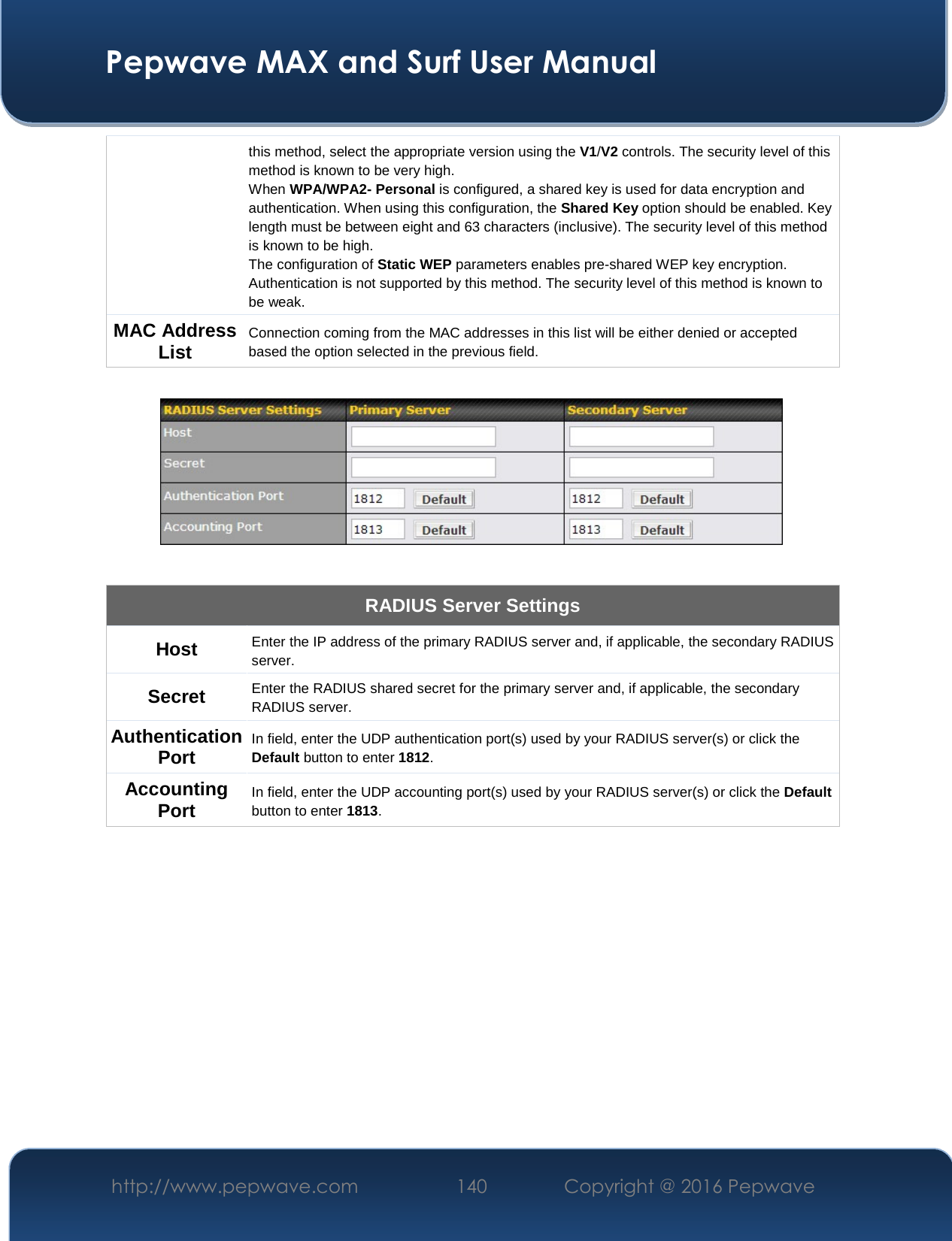  Pepwave MAX and Surf User Manual http://www.pepwave.com  140    Copyright @ 2016 Pepwave   this method, select the appropriate version using the V1/V2 controls. The security level of this method is known to be very high. When WPA/WPA2- Personal is configured, a shared key is used for data encryption and authentication. When using this configuration, the Shared Key option should be enabled. Key length must be between eight and 63 characters (inclusive). The security level of this method is known to be high. The configuration of Static WEP parameters enables pre-shared WEP key encryption. Authentication is not supported by this method. The security level of this method is known to be weak.   MAC Address List Connection coming from the MAC addresses in this list will be either denied or accepted based the option selected in the previous field.    RADIUS Server Settings Host  Enter the IP address of the primary RADIUS server and, if applicable, the secondary RADIUS server. Secret  Enter the RADIUS shared secret for the primary server and, if applicable, the secondary RADIUS server. Authentication Port In field, enter the UDP authentication port(s) used by your RADIUS server(s) or click the Default button to enter 1812. Accounting Port In field, enter the UDP accounting port(s) used by your RADIUS server(s) or click the Default button to enter 1813.           