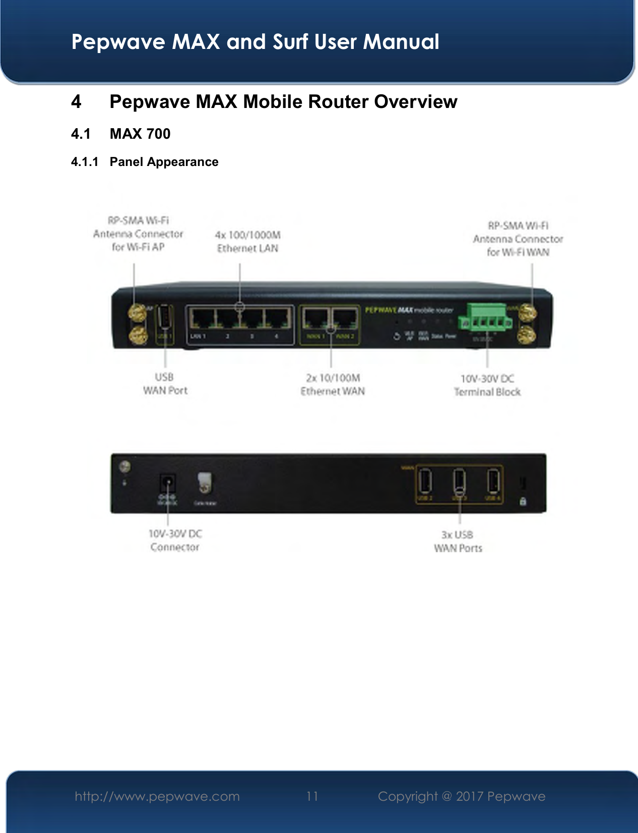  Pepwave MAX and Surf User Manual http://www.pepwave.com  11    Copyright @ 2017 Pepwave   4  Pepwave MAX Mobile Router Overview 4.1  MAX 700 4.1.1  Panel Appearance       