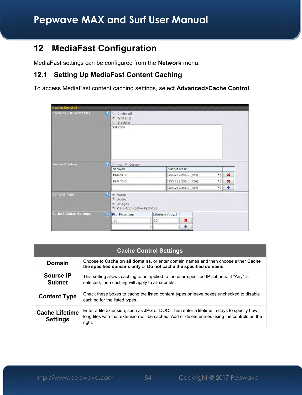  Pepwave MAX and Surf User Manual http://www.pepwave.com  84    Copyright @ 2017 Pepwave   12  MediaFast Configuration MediaFast settings can be configured from the Network menu. 12.1   Setting Up MediaFast Content Caching To access MediaFast content caching settings, select Advanced&gt;Cache Control.    Cache Control Settings Domain  Choose to Cache on all domains, or enter domain names and then choose either Cache the specified domains only or Do not cache the specified domains. Source IP Subnet This setting allows caching to be applied to the user-specified IP subnets. If &quot;Any&quot; is selected, then caching will apply to all subnets. Content Type  Check these boxes to cache the listed content types or leave boxes unchecked to disable caching for the listed types. Cache Lifetime Settings Enter a file extension, such as JPG or DOC. Then enter a lifetime in days to specify how long files with that extension will be cached. Add or delete entries using the controls on the right.    