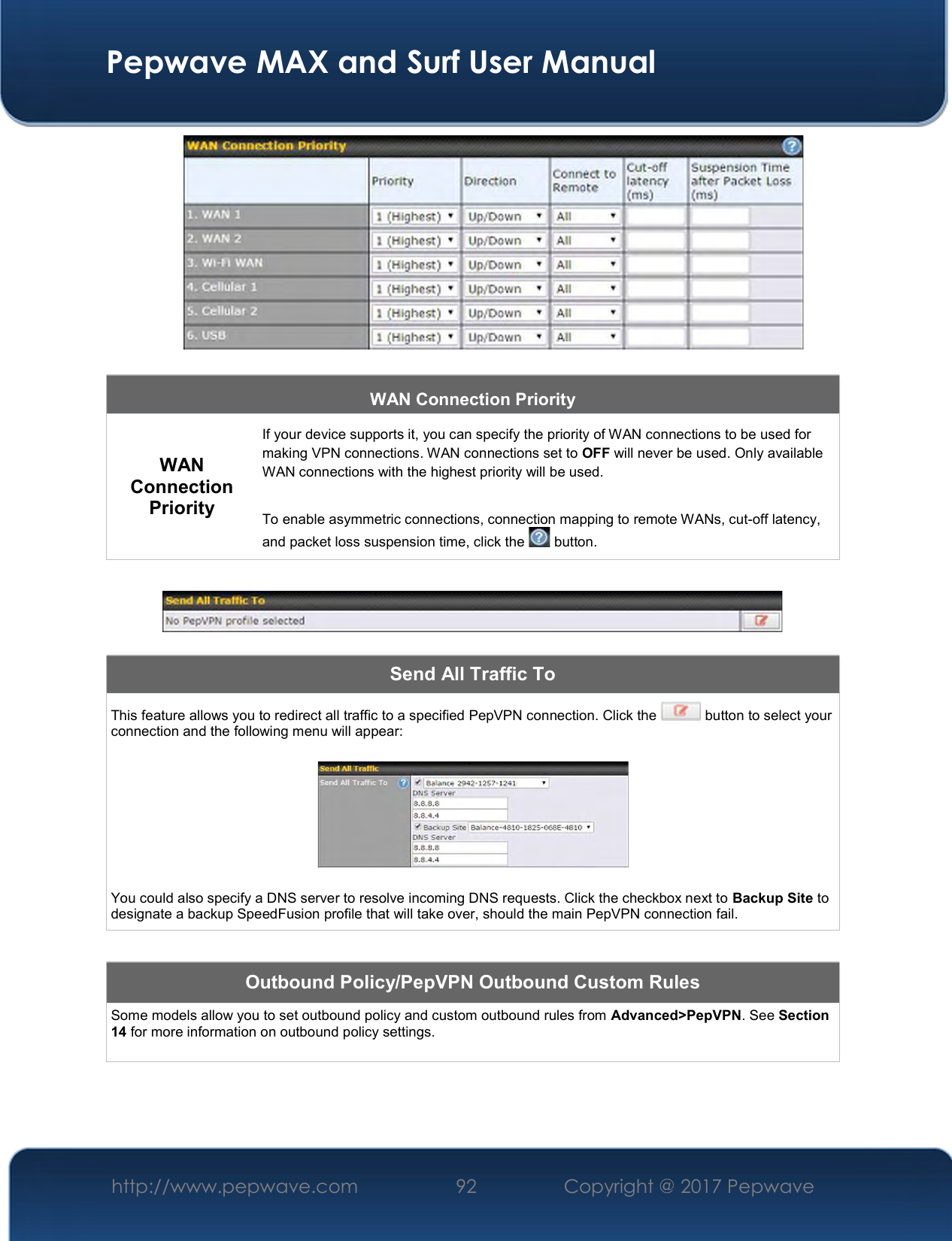  Pepwave MAX and Surf User Manual http://www.pepwave.com  92    Copyright @ 2017 Pepwave    8.41   WAN Connection Priority WAN Connection Priority If your device supports it, you can specify the priority of WAN connections to be used for making VPN connections. WAN connections set to OFF will never be used. Only available WAN connections with the highest priority will be used.   To enable asymmetric connections, connection mapping to remote WANs, cut-off latency, and packet loss suspension time, click the   button.    Send All Traffic To This feature allows you to redirect all traffic to a specified PepVPN connection. Click the   button to select your connection and the following menu will appear:    You could also specify a DNS server to resolve incoming DNS requests. Click the checkbox next to Backup Site to designate a backup SpeedFusion profile that will take over, should the main PepVPN connection fail.  Outbound Policy/PepVPN Outbound Custom Rules Some models allow you to set outbound policy and custom outbound rules from Advanced&gt;PepVPN. See Section 14 for more information on outbound policy settings.   