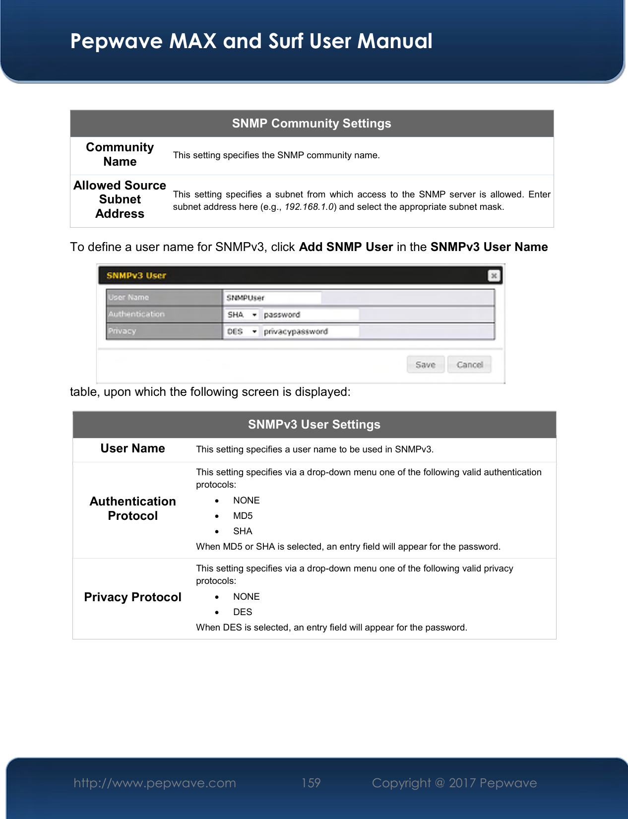  Pepwave MAX and Surf User Manual http://www.pepwave.com  159    Copyright @ 2017 Pepwave    SNMP Community Settings Community Name  This setting specifies the SNMP community name. Allowed Source Subnet Address This  setting specifies  a subnet from  which access  to  the SNMP server  is  allowed.  Enter subnet address here (e.g., 192.168.1.0) and select the appropriate subnet mask. To define a user name for SNMPv3, click Add SNMP User in the SNMPv3 User Name table, upon which the following screen is displayed: SNMPv3 User Settings User Name This setting specifies a user name to be used in SNMPv3. Authentication Protocol This setting specifies via a drop-down menu one of the following valid authentication protocols:    NONE   MD5    SHA When MD5 or SHA is selected, an entry field will appear for the password. Privacy Protocol This setting specifies via a drop-down menu one of the following valid privacy protocols:    NONE    DES When DES is selected, an entry field will appear for the password.  