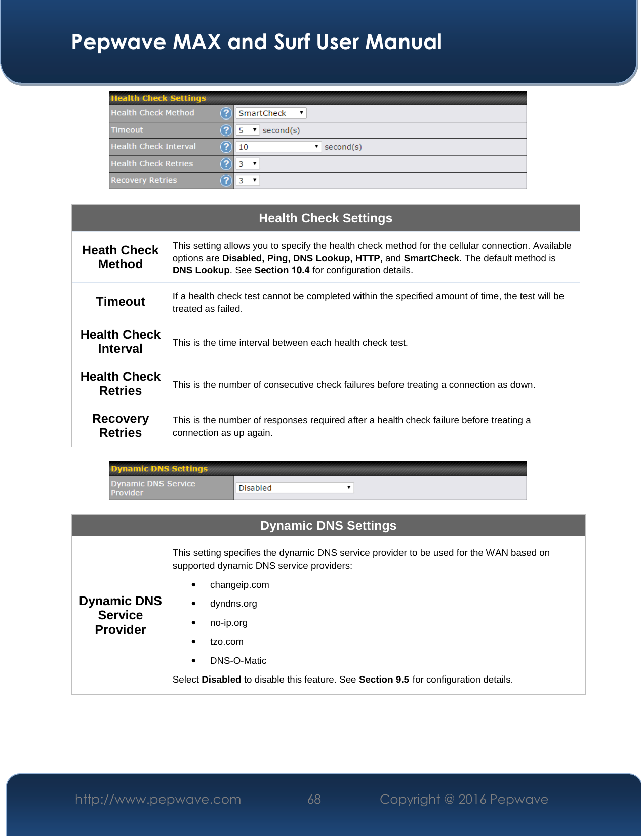  Pepwave MAX and Surf User Manual http://www.pepwave.com  68    Copyright @ 2016 Pepwave     Health Check Settings Heath Check Method This setting allows you to specify the health check method for the cellular connection. Available options are Disabled, Ping, DNS Lookup, HTTP, and SmartCheck. The default method is DNS Lookup. See Section 10.4 for configuration details. Timeout If a health check test cannot be completed within the specified amount of time, the test will be treated as failed. Health Check Interval This is the time interval between each health check test. Health Check Retries This is the number of consecutive check failures before treating a connection as down. Recovery Retries This is the number of responses required after a health check failure before treating a connection as up again.    Dynamic DNS Settings Dynamic DNS Service Provider This setting specifies the dynamic DNS service provider to be used for the WAN based on supported dynamic DNS service providers: • changeip.com • dyndns.org • no-ip.org • tzo.com • DNS-O-Matic Select Disabled to disable this feature. See Section 9.5 for configuration details.      