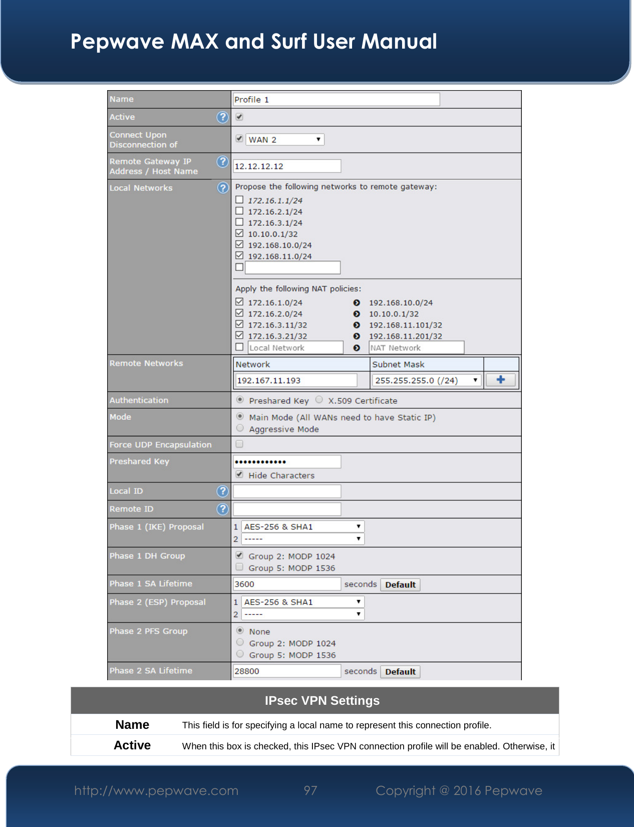  Pepwave MAX and Surf User Manual http://www.pepwave.com  97    Copyright @ 2016 Pepwave    IPsec VPN Settings Name This field is for specifying a local name to represent this connection profile.  Active When this box is checked, this IPsec VPN connection profile will be enabled. Otherwise, it 