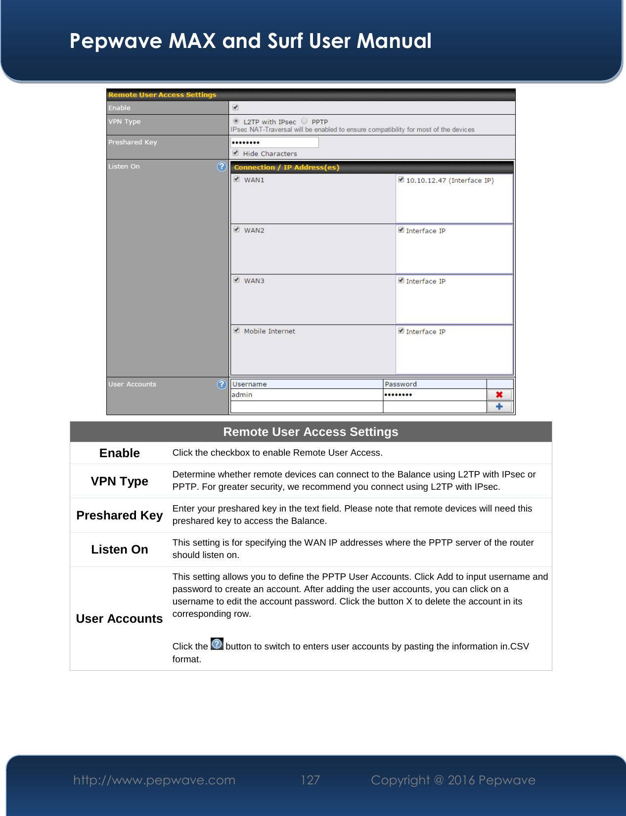  Pepwave MAX and Surf User Manual http://www.pepwave.com  127    Copyright @ 2016 Pepwave    Remote User Access Settings Enable Click the checkbox to enable Remote User Access. VPN Type Determine whether remote devices can connect to the Balance using L2TP with IPsec or PPTP. For greater security, we recommend you connect using L2TP with IPsec. Preshared Key Enter your preshared key in the text field. Please note that remote devices will need this preshared key to access the Balance. Listen On This setting is for specifying the WAN IP addresses where the PPTP server of the router should listen on. User Accounts This setting allows you to define the PPTP User Accounts. Click Add to input username and password to create an account. After adding the user accounts, you can click on a username to edit the account password. Click the button X to delete the account in its corresponding row.  Click the   button to switch to enters user accounts by pasting the information in.CSV format.  