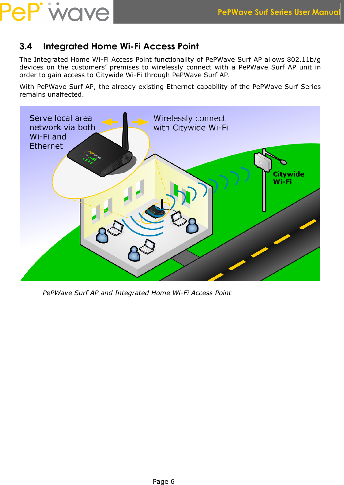  PePWave Surf Series User Manual   Page 6 3.4 Integrated Home Wi-Fi Access Point The Integrated Home Wi-Fi Access Point functionality of PePWave Surf AP allows 802.11b/g devices  on  the  customers’  premises  to  wirelessly  connect  with  a  PePWave  Surf  AP  unit  in order to gain access to Citywide Wi-Fi through PePWave Surf AP.   With PePWave Surf AP, the already existing Ethernet capability of the PePWave Surf Series remains unaffected.  PePWave Surf AP and Integrated Home Wi-Fi Access Point 