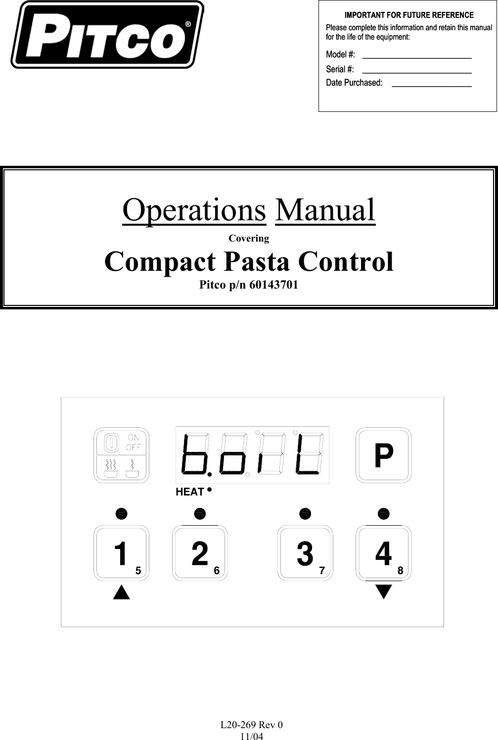 Page 1 of 5 - Pitco-Frialator Pitco-Frialator-Compact-Pasta-Control-Users-Manual L20269