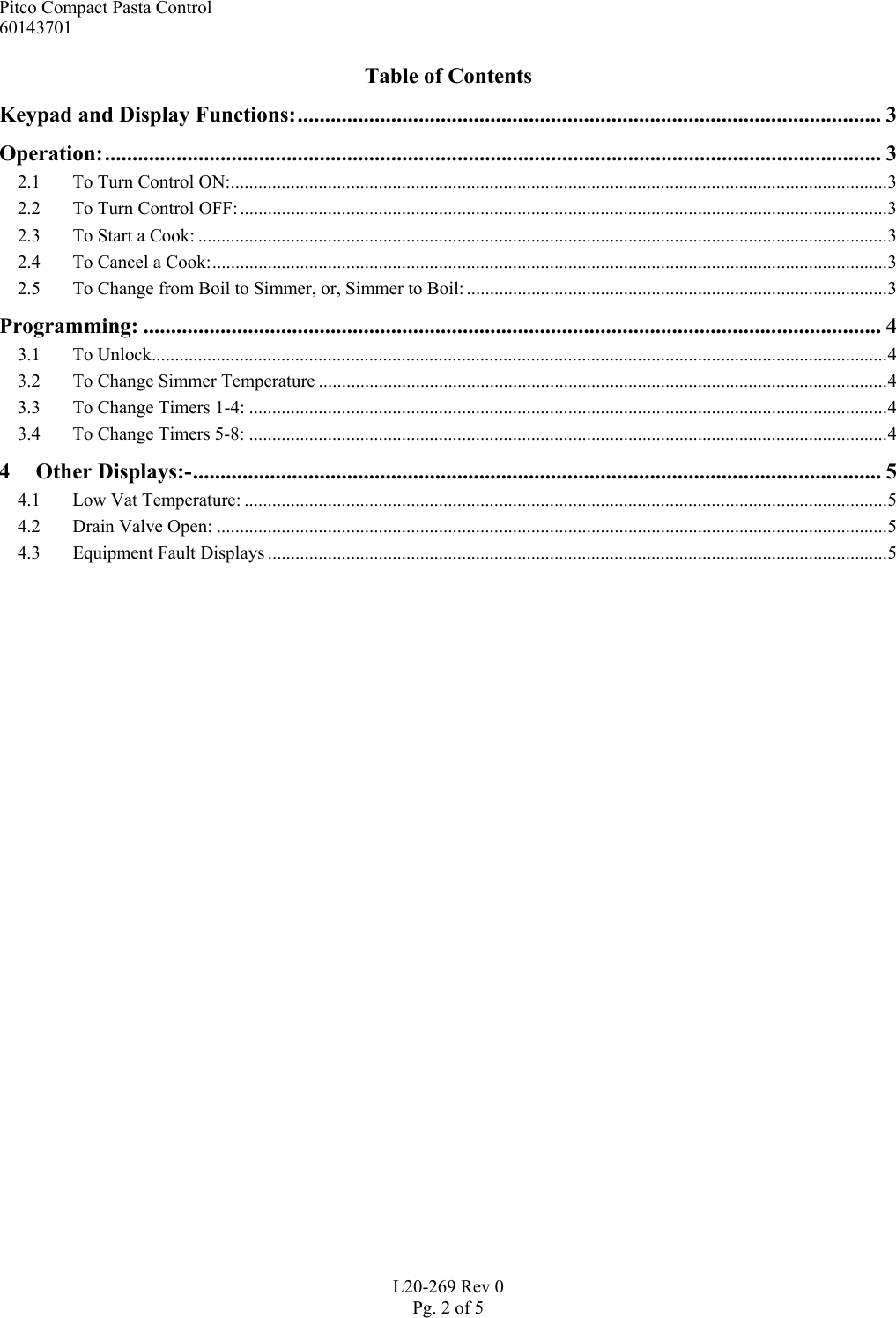 Page 2 of 5 - Pitco-Frialator Pitco-Frialator-Compact-Pasta-Control-Users-Manual L20269
