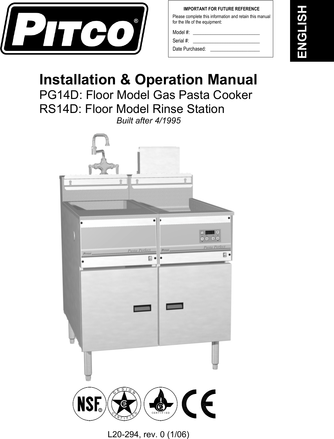 Pitco Frialator Pg14D Users Manual L20 294 I&O RS14D Built After 4 1995