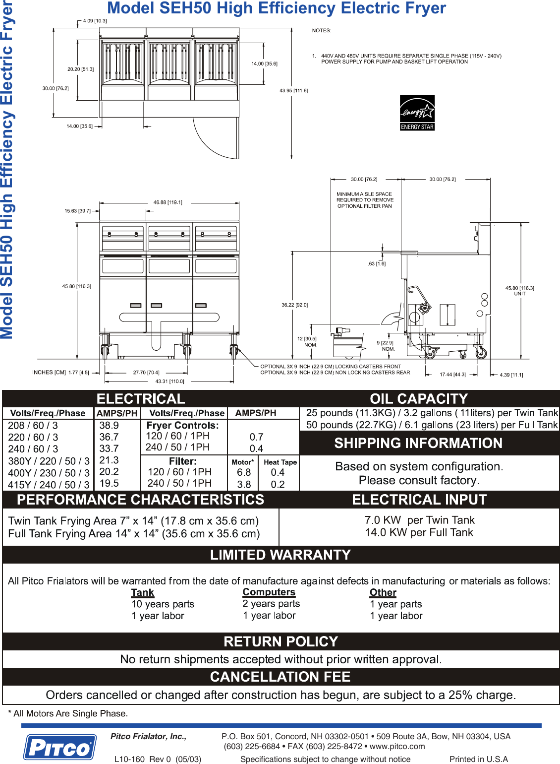 Pitco Frialator Seh50 Users Manual L10 160 Rev 0