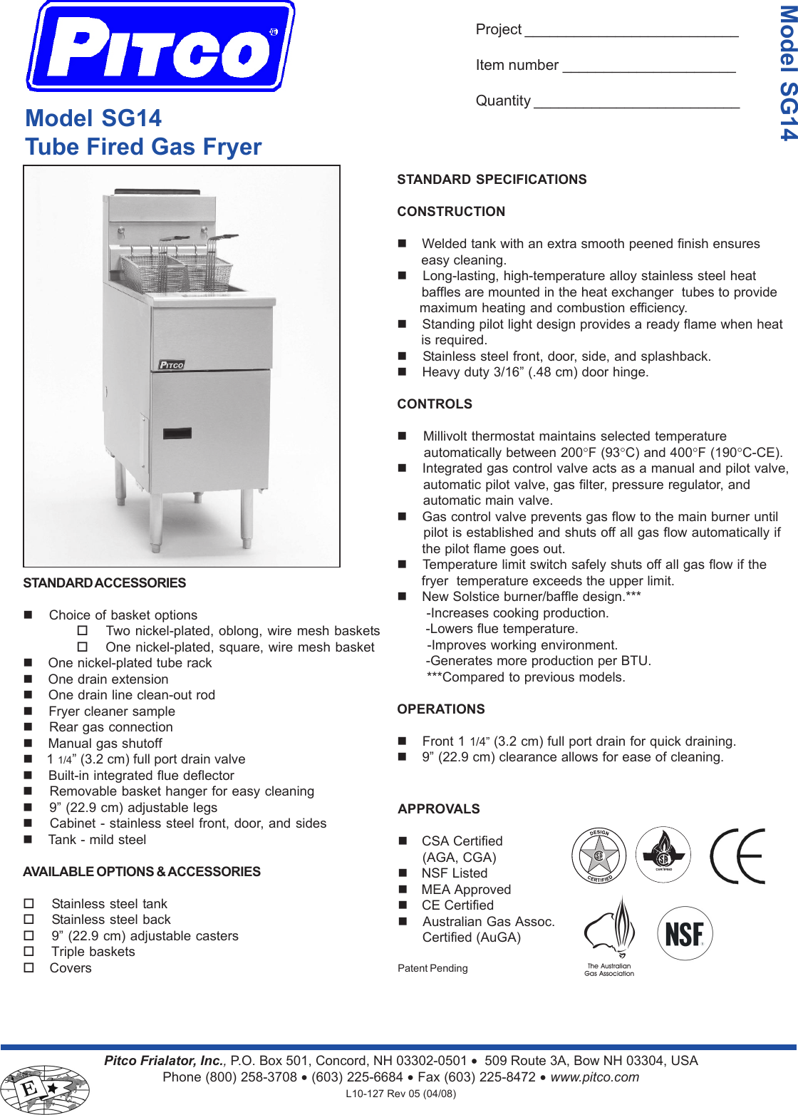 Page 1 of 2 - Pitco-Frialator Pitco-Frialator-Sg14-Users-Manual- L10-127 Rev 5 SG14  Pitco-frialator-sg14-users-manual