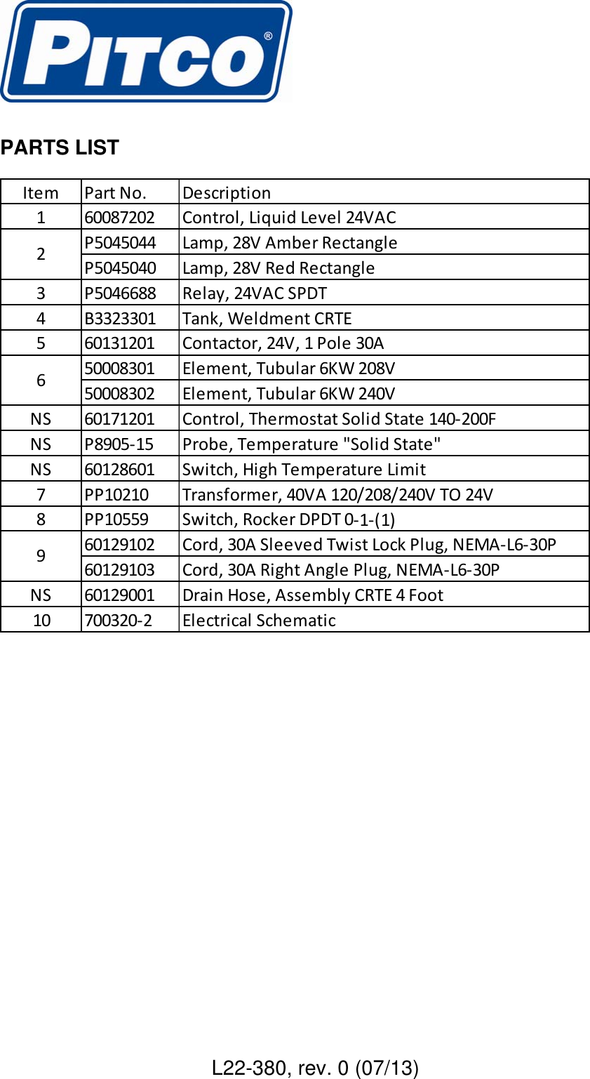 Page 3 of 4 - Pitco-Frialator Pitco-Frialator-Tim-Hortons-Exploded-Parts-Manual-Th-Crte-L22-380-Users-Manual L22-380 R0 TH-CRTE Parts Manual