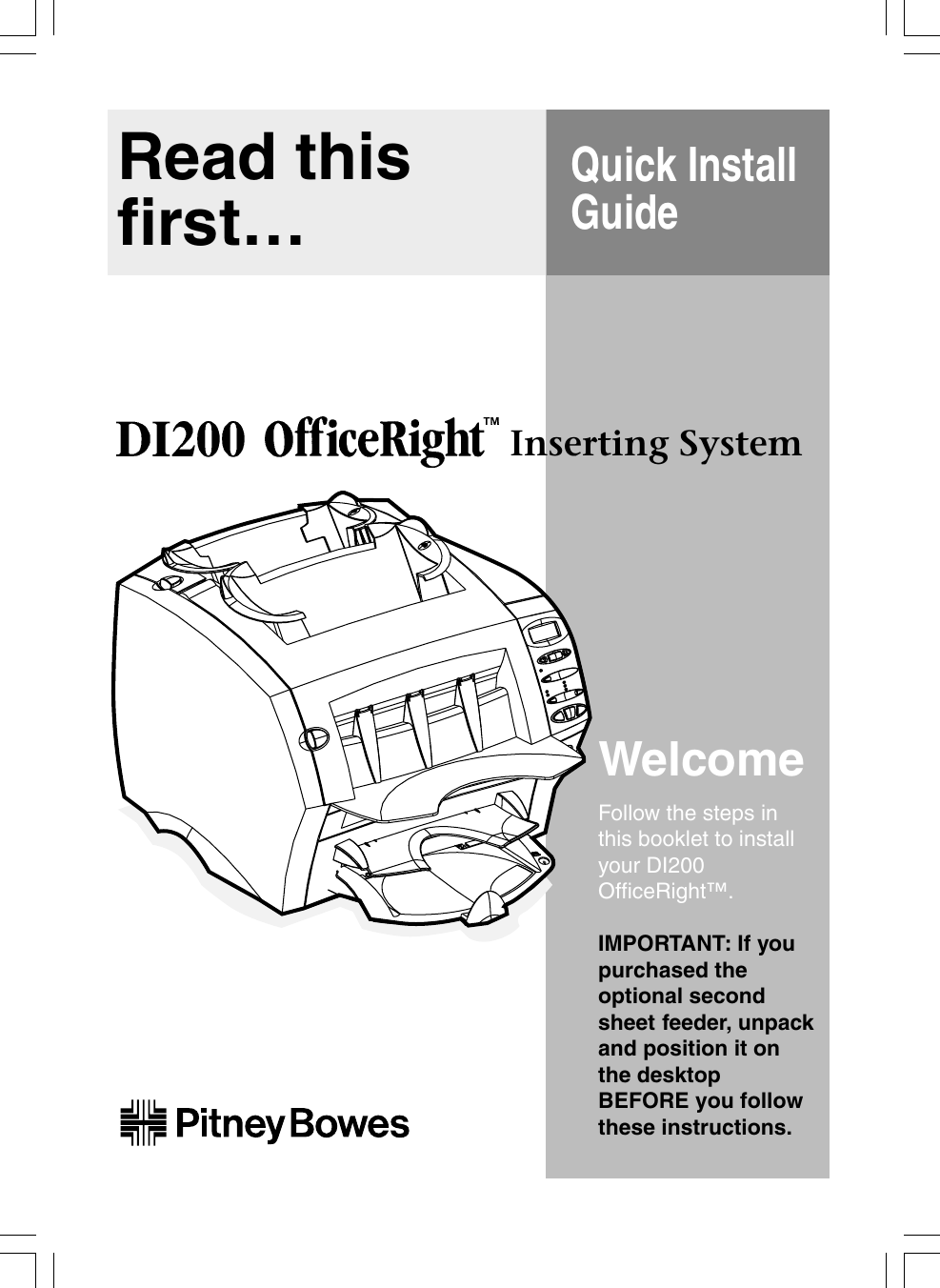 Page 1 of 12 - Pitney-Bowes Pitney-Bowes-Officeright-Di200-Users-Manual- DI200 OfficeRight Inserting System Quick Install Guide SV40189-QS REv. A 9/02  Pitney-bowes-officeright-di200-users-manual