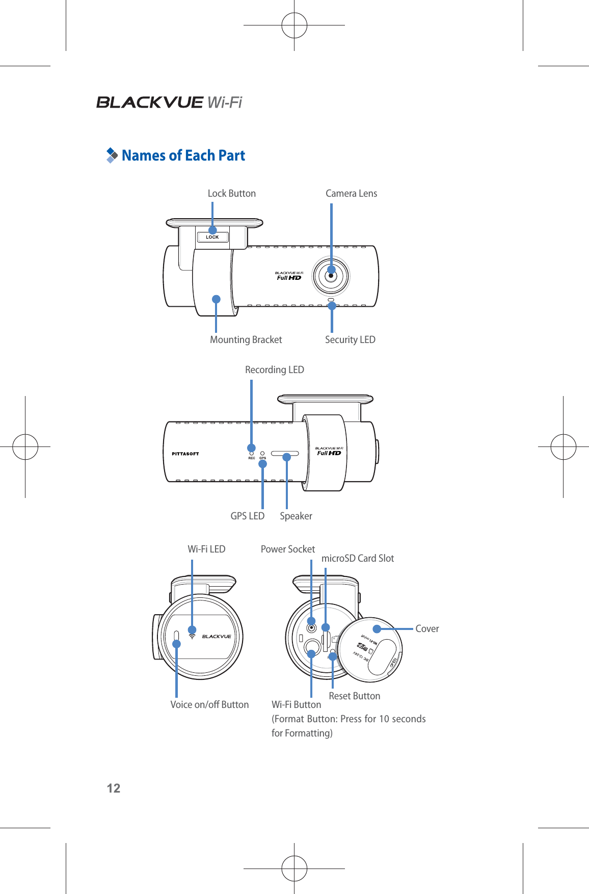 12Names of Each PartCamera LensRecording LEDMounting Bracket Security LEDLock ButtonGPS LED Speaker Voice on/o Button Wi-Fi Button(Format Button: Press for 10 seconds for Formatting)Reset ButtonPower Socket microSD Card SlotWi-Fi LED Cover 