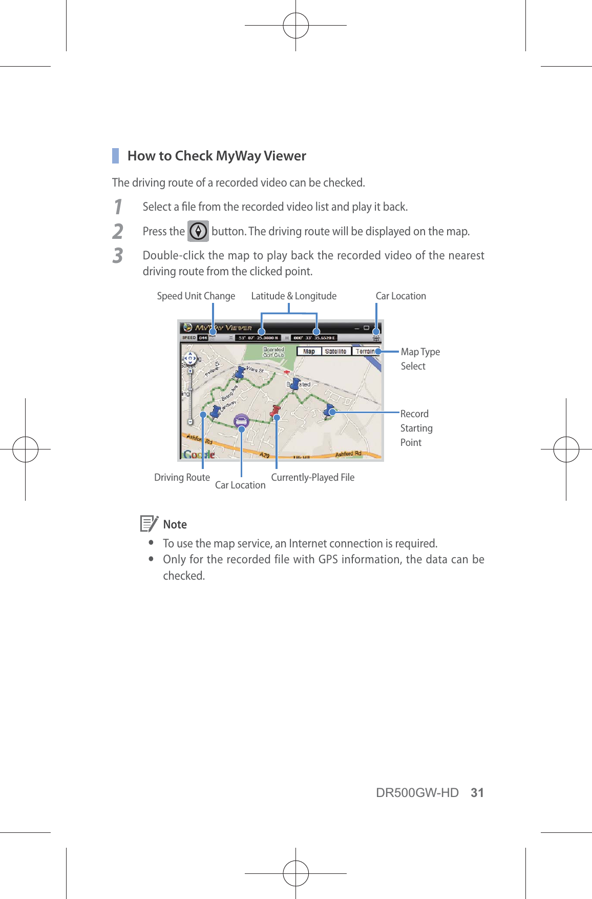 DR500GW-HD 31  How to Check MyWay ViewerThe driving route of a recorded video can be checked.1  Select a le from the recorded video list and play it back.2 Press the   button. The driving route will be displayed on the map.3  Double-click the map to play back the recorded video of the nearest driving route from the clicked point.Speed Unit ChangeCar LocationRecord Starting PointDriving Route Currently-Played FileLatitude &amp; Longitude Car LocationMap TypeSelect Note yTo use the map service, an Internet connection is required. y Only for the recorded file with GPS information, the data can be checked.