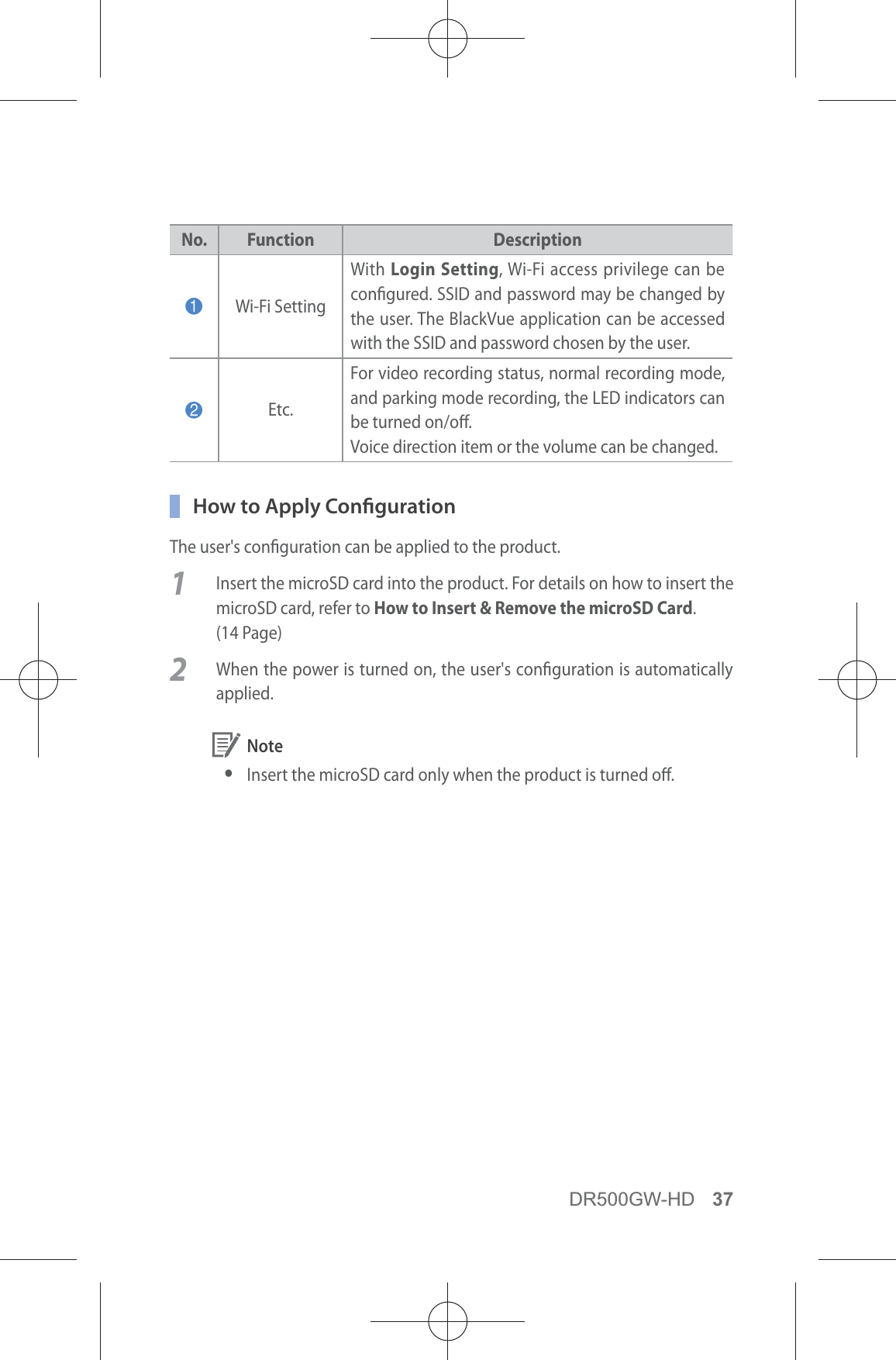 DR500GW-HD 37No. Function Description1Wi-Fi Setting With Login Setting, Wi-Fi access privilege can be congured. SSID and password may be changed by the user. The BlackVue application can be accessed with the SSID and password chosen by the user.2Etc.For video recording status, normal recording mode, and parking mode recording, the LED indicators can be turned on/o.Voice direction item or the volume can be changed.  How to Apply CongurationThe user&apos;s conguration can be applied to the product.1  Insert the microSD card into the product. For details on how to insert the microSD card, refer to How to Insert &amp; Remove the microSD Card. (14 Page)2  When the power is turned on, the user&apos;s conguration is automatically applied. Note yInsert the microSD card only when the product is turned o.