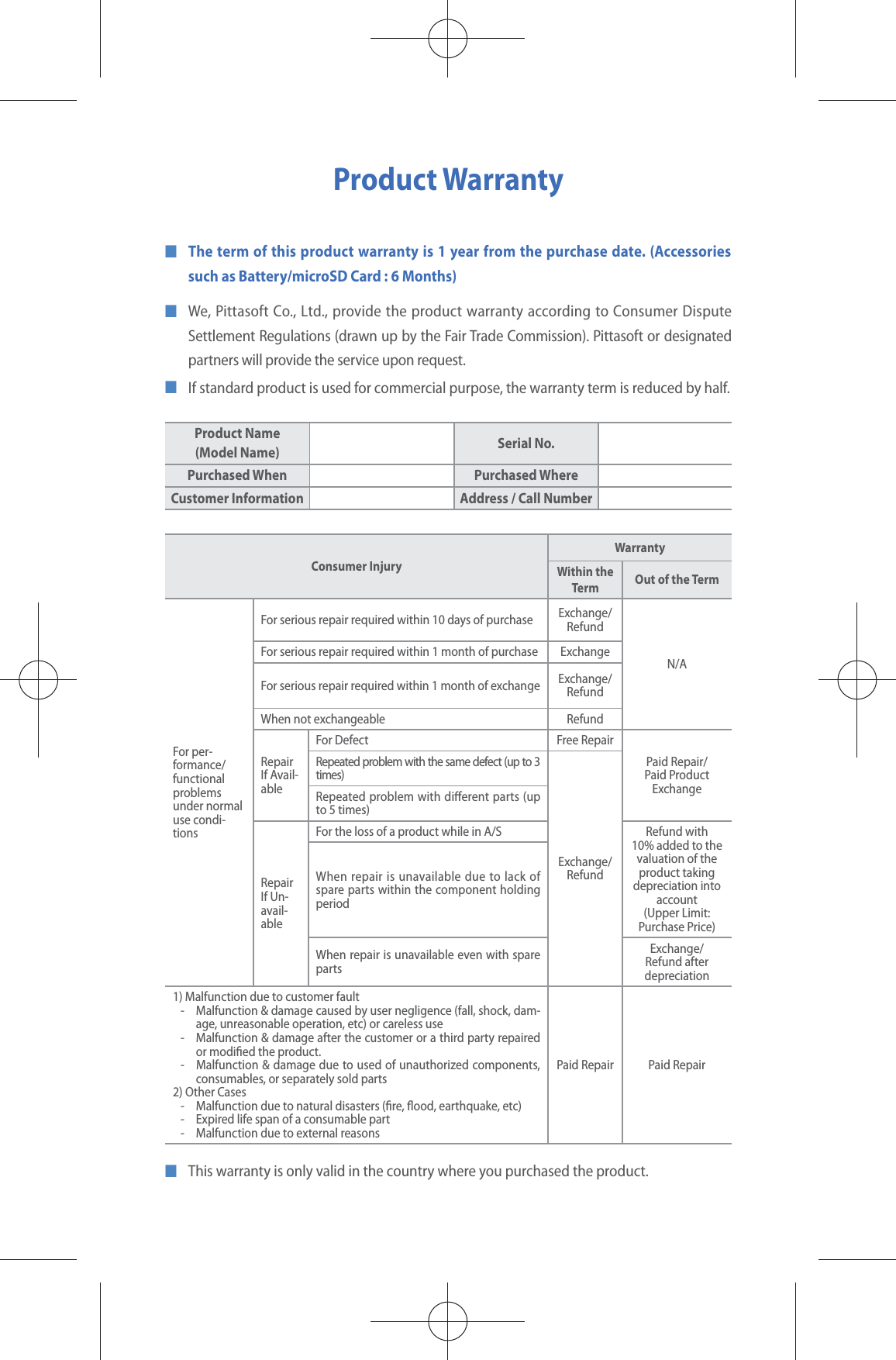 Product WarrantyQThe term of this product warranty is 1 year from the purchase date. (Accessories such as Battery/microSD Card : 6 Months)QWe, Pittasoft Co., Ltd., provide the product warranty according to Consumer Dispute Settlement Regulations (drawn up by the Fair Trade Commission). Pittasoft or designated partners will provide the service upon request.QIf standard product is used for commercial purpose, the warranty term is reduced by half.Product Name (Model Name) Serial No.Purchased When Purchased WhereCustomer Information Address / Call NumberConsumer InjuryWarrantyWithin the Term Out of the TermFor per-formance/functional problems under normal use condi-tionsFor serious repair required within 10 days of purchase Exchange/RefundN/AFor serious repair required within 1 month of purchase ExchangeFor serious repair required within 1 month of exchange Exchange/RefundWhen not exchangeable RefundRepairIf Avail-ableFor Defect Free RepairPaid Repair/Paid Product ExchangeRepeated problem with the same defect (up to 3 times)Exchange/RefundRepeated problem with dierent parts (up to 5 times)RepairIf Un-avail-ableFor the loss of a product while in A/S Refund with10% added to the valuation of the product taking depreciation into account(Upper Limit: Purchase Price)When repair is unavailable due to lack of spare parts within the component holding periodWhen repair is unavailable even with spare partsExchange/Refund after depreciation1) Malfunction due to customer fault-  Malfunction &amp; damage caused by user negligence (fall, shock, dam-age, unreasonable operation, etc) or careless use-  Malfunction &amp; damage after the customer or a third party repaired or modied the product.-  Malfunction &amp; damage due to used of unauthorized components, consumables, or separately sold parts2) Other Cases-  Malfunction due to natural disasters (re, ood, earthquake, etc)-  Expired life span of a consumable part-  Malfunction due to external reasonsPaid Repair Paid RepairQThis warranty is only valid in the country where you purchased the product.
