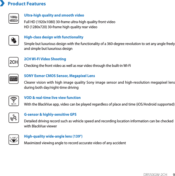 DR550GW-2CH 9Product FeaturesQUltra-high quality and smooth videoFull HD (1920x1080) 30-frame ultra-high quality front videoHD (1280x720) 30-frame high quality rear videoHigh-class design with functionalitySimple but luxurious design with the functionality of a 360-degree revolution to set any angle freely and simple but luxurious design2CH Wi-Fi Video ShootingChecking the front video as well as rear video through the built-in Wi-FiSONY Exmor CMOS Sensor, Megapixel LensClearer vision with high image quality Sony image sensor and high-resolution megapixel lens during both day/night-time drivingVOD &amp; real-time live view functionWith the BlackVue app, video can be played regardless of place and time (iOS/Android supported)G-sensor &amp; highly-sensitive GPSDetailed driving record such as vehicle speed and recording loca tion information can be checked with BlackVue viewerHigh-quality wide-angle lens (139°)Maximized viewing angle to record accurate video of any accident