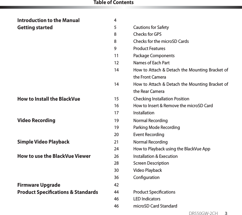 DR550GW-2CH 3Table of ContentsIntroduction to the Manual 4Getting started 5  Cautions for Safety    8  Checks for GPS    8  Checks for the microSD Cards   9  Product Features   11  Package Components    12  Names of Each Part    14  How to Attach &amp; Detach the Mounting Bracket of the Front Camera    14  How to Attach &amp; Detach the Mounting Bracket of the Rear CameraHow to Install the BlackVue 15  Checking Installation Position    16  How to Insert &amp; Remove the microSD Card   17  InstallationVideo Recording 19 Normal Recording    19  Parking Mode Recording   20  Event RecordingSimple Video Playback 21 Normal Recording    24  How to Playback using the BlackVue AppHow to use the BlackVue Viewer 26  Installation &amp; Execution   28  Screen Description   30  Video Playback   36  CongurationFirmware Upgrade 42Product Specications &amp; Standards 44 Product Specications   46  LED Indicators    46  microSD Card Standard