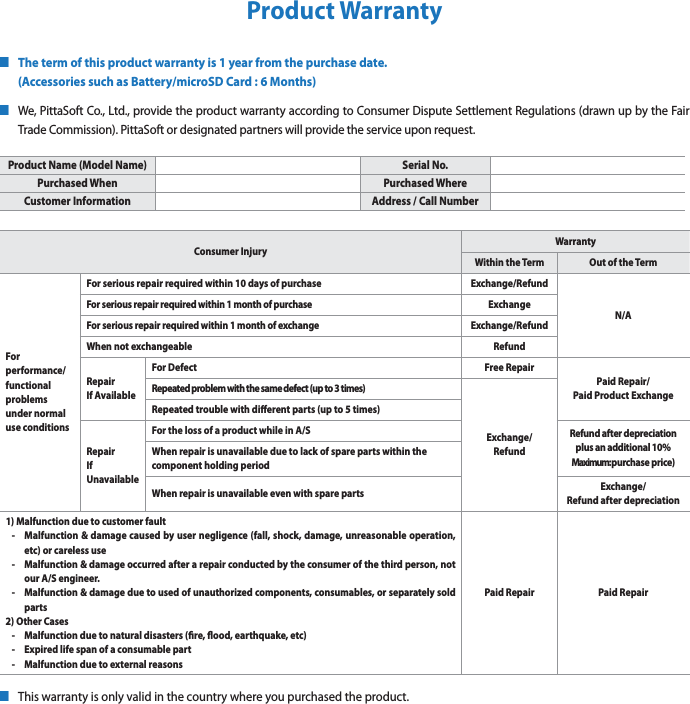 Product WarrantyQThe term of this product warranty is 1 year from the purchase date.  (Accessories such as Battery/microSD Card : 6 Months)QWe, PittaSoft Co., Ltd., provide the product warranty according to Consumer Dispute Settlement Regulations (drawn up by the Fair Trade Commission). PittaSoft or designated partners will provide the service upon request.Product Name (Model Name) Serial No.Purchased When Purchased WhereCustomer Information Address / Call NumberConsumer InjuryWarrantyWithin the Term Out of the TermFor performance/functional problems under normal use conditionsFor serious repair required within 10 days of purchase Exchange/RefundN/AFor serious repair required within 1 month of purchaseExchangeFor serious repair required within 1 month of exchangeExchange/RefundWhen not exchangeable RefundRepairIf AvailableFor Defect Free RepairPaid Repair/Paid Product ExchangeRepeated problem with the same defect (up to 3 times)Exchange/RefundRepeated trouble with dierent parts (up to 5 times)RepairIf UnavailableFor the loss of a product while in A/S Refund after depreciation plus an additional 10% Maximum: p ur chase price)When repair is unavailable due to lack of spare parts within the component holding periodWhen repair is unavailable even with spare parts Exchange/Refund after depreciation1) Malfunction due to customer fault-  Malfunction &amp; damage caused by user negligence (fall, shock, damage, unreasonable operation, etc) or careless use-  Malfunction &amp; damage occurred after a repair conducted by the consumer of the third person, not our A/S engineer.-  Malfunction &amp; damage due to used of unauthorized components, consumables, or separately sold parts2) Other Cases-  Malfunction due to natural disasters (re, ood, earthquake, etc)-  Expired life span of a consumable part-  Malfunction due to external reasonsPaid Repair Paid RepairQThis warranty is only valid in the country where you purchased the product.