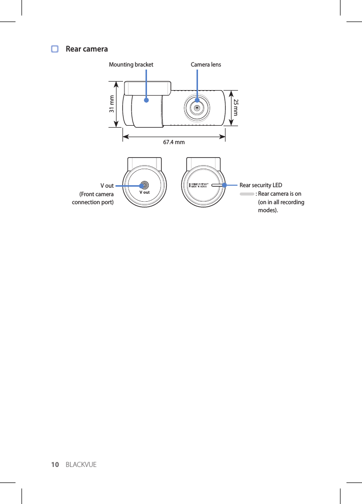 10 BLACKVUERear cameraRear security LED :  Rear camera is on (on in all recording modes). V out (Front camera connection port) Mounting bracket Camera lens 31 mm67.4 mm25 mm
