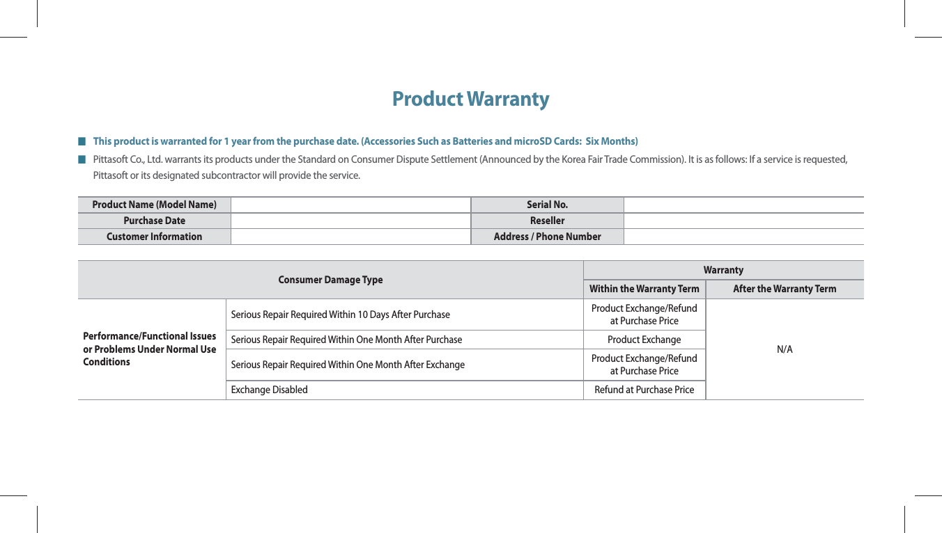 Product WarrantyQThis product is warranted for 1 year from the purchase date. (Accessories Such as Batteries and microSD Cards:  Six Months)QPittasoft Co., Ltd. warrants its products under the Standard on Consumer Dispute Settlement (Announced by the Korea Fair Trade Commission). It is as follows: If a service is requested, Pittasoft or its designated subcontractor will provide the service.Product Name (Model Name) Serial No.Purchase Date ResellerCustomer Information Address / Phone NumberConsumer Damage Type WarrantyWithin the Warranty Term After the Warranty TermPerformance/Functional Issues or Problems Under Normal Use ConditionsSerious Repair Required Within 10 Days After Purchase Product Exchange/Refund at Purchase PriceN/ASerious Repair Required Within One Month After PurchaseProduct ExchangeSerious Repair Required Within One Month After ExchangeProduct Exchange/Refund at Purchase PriceExchange Disabled Refund at Purchase Price