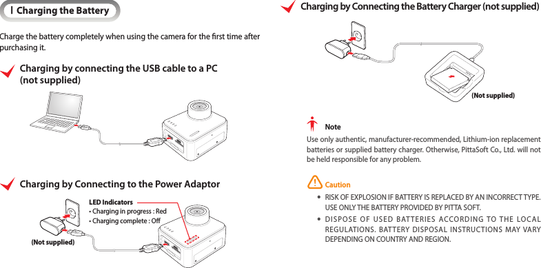 ICharging the BatteryCharge the battery completely when using the camera for the rst time after purchasing it.Charging by connecting the USB cable to a PC  (not supplied)Charging by Connecting to the Power Adaptor(Not supplied)LED Indicators• Charging in progress : Red• Charging complete : OCharging by Connecting the Battery Charger (not supplied)(Not supplied) NoteUse only authentic, manufacturer-recommended, Lithium-ion replacement batteries or supplied battery charger. Otherwise, PittaSoft Co., Ltd. will not be held responsible for any problem. Caution yRISK OF EXPLOSION IF BATTERY IS REPLACED BY AN INCORRECT TYPE. USE ONLY THE BATTERY PROVIDED BY PITTA SOFT. yDISPOSE OF USED BATTERIES ACCORDING TO THE LOCAL REGULATIONS. BATTERY DISPOSAL INSTRUCTIONS MAY VARY DEPENDING ON COUNTRY AND REGION.