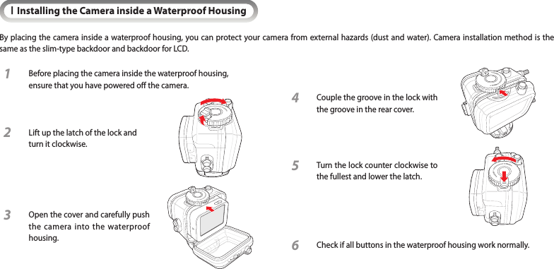 IInstalling the Camera inside a Waterproof HousingBy placing the camera inside a waterproof housing, you can protect your camera from external hazards (dust and water). Camera installation method is the same as the slim-type backdoor and backdoor for LCD.4  Couple the groove in the lock with the groove in the rear cover.5  Turn the lock counter clockwise to the fullest and lower the latch.6  Check if all buttons in the waterproof housing work normally.1  Before placing the camera inside the waterproof housing,  ensure that you have powered o the camera.2  Lift up the latch of the lock and turn it clockwise.3  Open the cover and carefully push the camera into the waterproof housing.