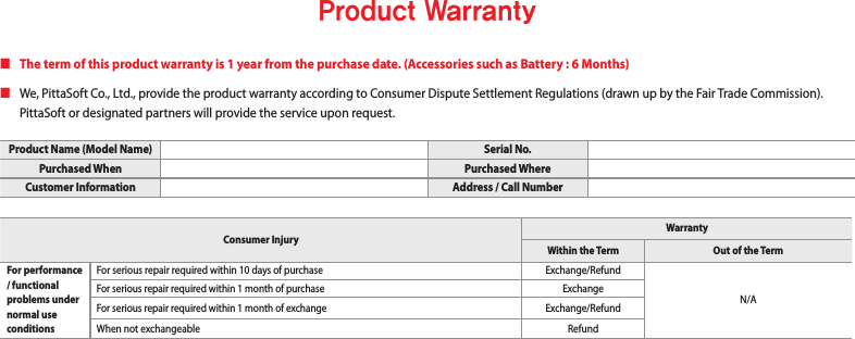 Product Warranty  The term of this product warranty is 1 year from the purchase date. (Accessories such as Battery : 6 Months)  We, PittaSoft Co., Ltd., provide the product warranty according to Consumer Dispute Settlement Regulations (drawn up by the Fair Trade Commission).  PittaSoft or designated partners will provide the service upon request.Product Name (Model Name) Serial No.Purchased When Purchased WhereCustomer Information Address / Call NumberConsumer InjuryWarrantyWithin the Term  Out of the TermFor performance / functional problems under normal use conditionsFor serious repair required within 10 days of purchase Exchange/RefundN/AFor serious repair required within 1 month of purchaseExchangeFor serious repair required within 1 month of exchangeExchange/RefundWhen not exchangeable Refund