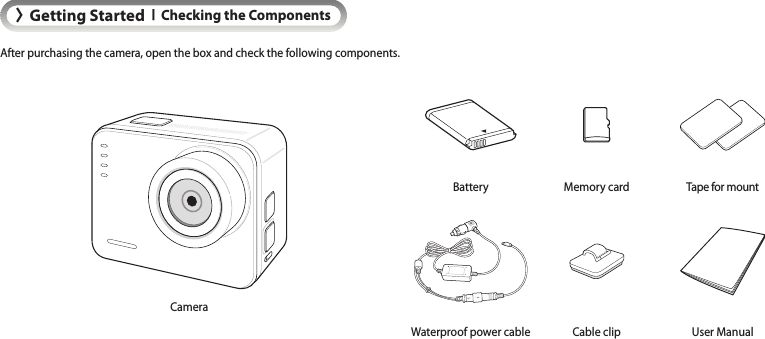 &gt;Getting Started IChecking the ComponentsAfter purchasing the camera, open the box and check the following components.Battery Memory card Tape for mountWaterproof power cable Cable clip User ManualCamera