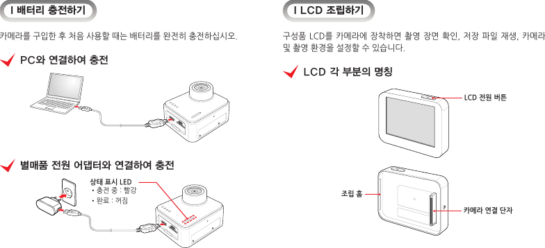 I 배터리 충전하기카메라를 구입한 후 처음 사용할 때는 배터리를 완전히 충전하십시오.PC와 연결하여 충전별매품 전원 어댑터와 연결하여 충전상태 표시 LED •충전 중 : 빨강•완료 : 꺼짐I LCD 조립하기구성품 LCD를 카메라에 장착하면  촬영 장면 확인, 저장  파일 재생, 카메라 및 촬영 환경을 설정할 수 있습니다.LCD 각 부분의 명칭 LCD 전원 버튼카메라 연결 단자조립 홈