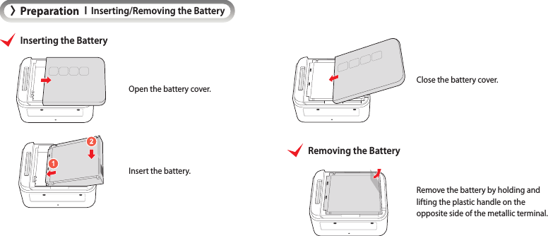 &gt;PreparationIInserting/Removing the BatteryInserting the BatteryOpen the battery cover.Insert the battery.Close the battery cover.Removing the BatteryRemove the battery by holding and lifting the plastic handle on the  opposite side of the metallic terminal.