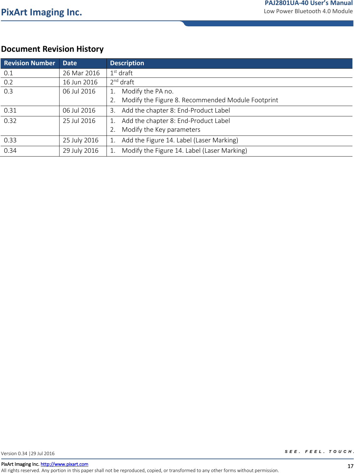   17 PixArt Imaging Inc. PixArt Imaging Inc. http://www.pixart.com   All rights reserved. Any portion in this paper shall not be reproduced, copied, or transformed to any other forms without permission.  PAJ2801UA-40 User’s Manual Low Power Bluetooth 4.0 Module Version 0.34 |29 Jul 2016  Document Revision History Revision Number Date  Description  0.1 26 Mar 2016 1st draft 0.2 16 Jun 2016 2nd draft 0.3 06 Jul 2016 1. Modify the PA no. 2. Modify the Figure 8. Recommended Module Footprint  0.31 06 Jul 2016 3. Add the chapter 8: End-Product Label 0.32 25 Jul 2016 1. Add the chapter 8: End-Product Label 2. Modify the Key parameters 0.33 25 July 2016 1. Add the Figure 14. Label (Laser Marking) 0.34 29 July 2016 1. Modify the Figure 14. Label (Laser Marking)  