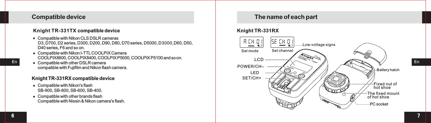 176POWER/CH-SET/CH+LEDLCDKnight TR-331RXFixed nut of hot shoeBattery hatchThe fixed mount of hot shoeLow-voltage signsSet mode Set channelEnEnCompatible device Knight TR-331TX compatible device Compatible with Nikon CLS DSLR camerasD3, D700, D2 series, D300, D200, D90, D80, D70 series, D5000,  D60, D50,D40 series, F6 and so on. D3000,Compatible with Nikon I-TTL COOLPIX Camera COOLPIX8800, COOLPIX8400, COOLPIX P5000, COOLPIX P5100 and so on.Compatible with other DSLR cameracompatible with Fujifilm and Nikon flash camera. Knight TR-331RX compatible deviceCompatible with Nikon&apos;s flashSB-900, SB-800, SB-600, SB-400. Compatible with other brands flash Compatible with Nissin &amp; Nikon camera&apos;s flash. PC socketThe name of each part