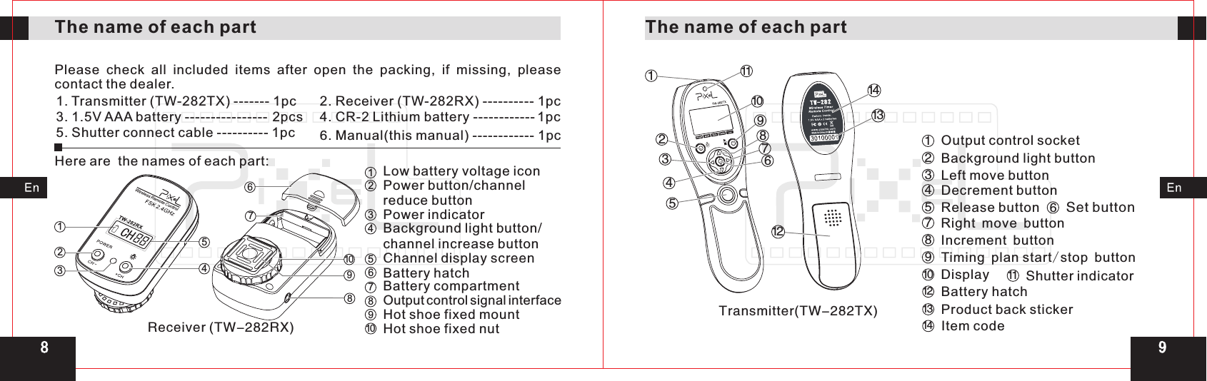 131410678923451211Transmitter(TW-282TX)113213267458Low battery voltage iconReceiver (TW-282RX)Channel display screenPower button/channel reduce buttonPower indicatorBackground light button/channel increase buttonBattery hatch 67910910Battery compartmentHot shoe fixed nutHot shoe fixed mountOutput control signal interface485Please  check  all  included  items  after  open  the  packing,  if  missing,  please contact the dealer.1. Transmitter (TW-282TX) ------- 1pc5. Shutter connect cable ---------- 1pc 6. Manual(this manual) ------------  1pcThe name of each partHere are  the names of each part:2. Receiver (TW-282RX) ---------- 1pc3. 1.5V AAA battery ----------------  2pcs 4. CR-2   battery ------------ 1pcLithiumThe name of each part11  Shutter indicator10  DisplayTiming plan start/stop button98 Increment button Right move button76Set button5Release button4Decrement button3Left move button2Background light button 1Output control socket12 Battery hatch13 Product back sticker14 Item code98