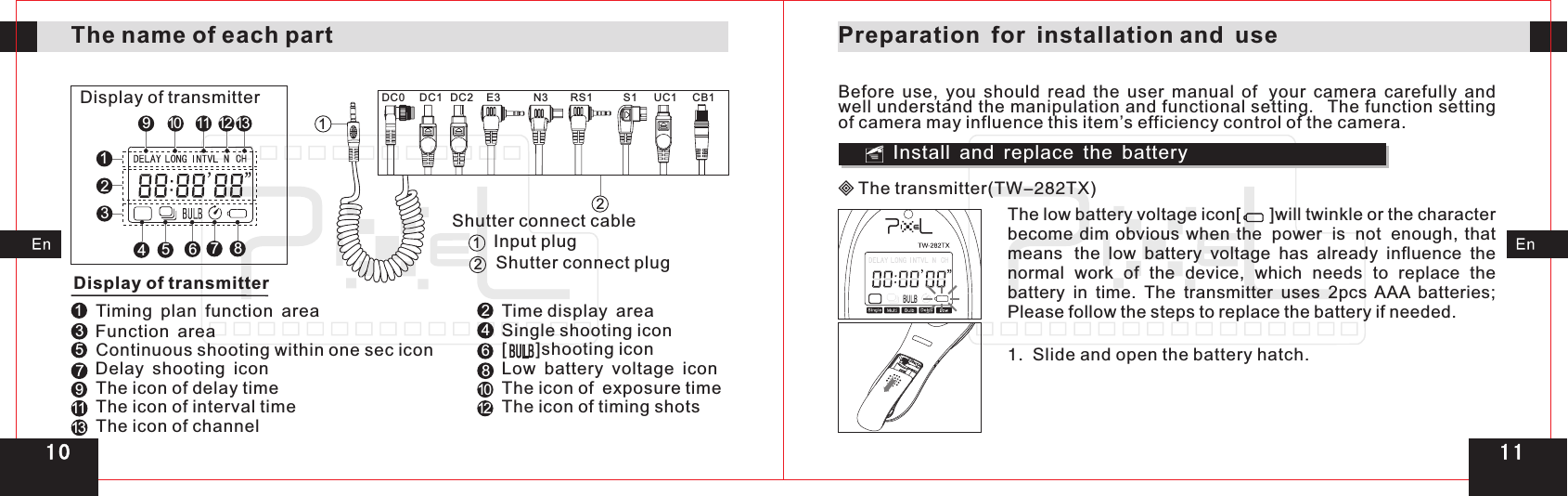 The transmitter(TW-282TX)1324567810911121313The name of each partThe icon of timing shots12The icon of interval time11The icon of exposure time10The icon of delay time98Low battery voltage icon7 Delay shooting icon6[      ]shooting icon4Single shooting iconFunction area3Display of transmitterInput plugShutter connect plugShutter connect cableDisplay of transmitter12121Timing plan function area 2Time display area 5Continuous shooting within one sec iconThe icon of channel13Preparation for installation and useInstall and replace the batteryBefore  use,  you  should  read  the  user  manual  of your  camera  carefully  and well understand the manipulation and functional setting. The function setting of camera may influence this item’s efficiency control of the camera.The low battery voltage icon[      ]will twinkle or the character become dim obvious when  the power is not enough,  that means the  low  battery  voltage  has  already  influence  the normal  work  of  the  device,  which  needs  to  replace  the battery  in  time.  The  transmitter  uses  2pcs  AAA  batteries; Please follow the steps to replace the battery if needed.1.  Slide and open the battery hatch.DC0 DC1 DC2 E3 N3 RS1 S1 UC1 CB11 11 0