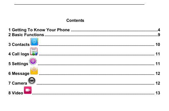          Contents  1 Getting To Know Your Phone ............................................................................4 2 Basic Functions ...................................................................................................9 3 Contacts  ..................................................................................................... 10 4 Call logs  ..................................................................................................... 11 5 Settings  ...................................................................................................... 11 6 Message  ..................................................................................................... 12 7 Camera  ....................................................................................................... 12 8 Video ........................................................................................................... 13 