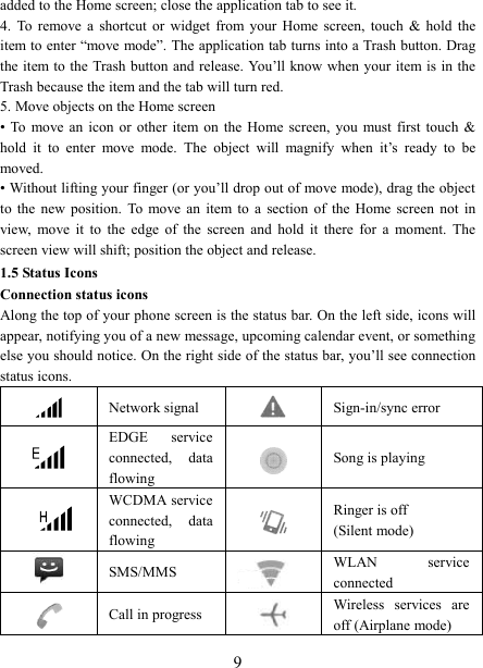   9 added to the Home screen; close the application tab to see it.   4.  To  remove  a  shortcut  or  widget  from  your  Home  screen,  touch  &amp;  hold  the item to enter &ldquo;move mode&rdquo;. The application tab turns into a Trash button. Drag the item to the Trash button and release. You&rsquo;ll know when your item is in the Trash because the item and the tab will turn red. 5. Move objects on the Home screen   &bull; To  move an  icon  or  other  item  on  the  Home  screen,  you  must  first  touch  &amp; hold  it  to  enter  move  mode.  The  object  will  magnify  when  it&rsquo;s  ready  to  be moved.   &bull; Without lifting your finger (or you&rsquo;ll drop out of move mode), drag the object to  the  new  position.  To move  an  item to  a  section  of  the  Home  screen  not  in view,  move  it  to  the  edge  of  the  screen  and  hold  it  there  for  a  moment.  The screen view will shift; position the object and release.   1.5 Status Icons Connection status icons Along the top of your phone screen is the status bar. On the left side, icons will appear, notifying you of a new message, upcoming calendar event, or something else you should notice. On the right side of the status bar, you&rsquo;ll see connection status icons.    Network signal  Sign-in/sync error  EDGE  service connected,  data flowing   Song is playing   WCDMA service connected,  data flowing   Ringer is off (Silent mode)  SMS/MMS  WLAN  service connected  Call in progress   Wireless  services  are off (Airplane mode) 