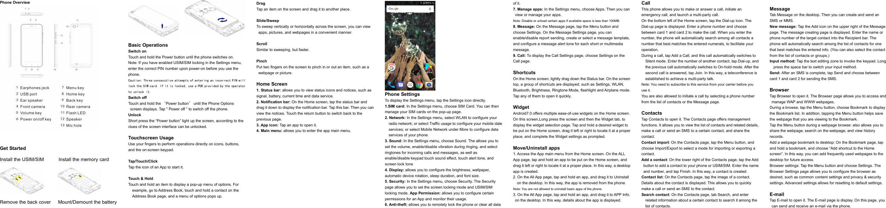 Phone OverviewGet StartedInstall the USIM/SIM Install the memory cardRemove the back cover Mount/Demount the batteryBasic OperationsSwitch onTouch and hold the Power button until the phone switches on.Note: If you have enabled USIM/SIM locking in the Settings menu,enter the correct PIN number upon power-on before you use thephone.Caution: Three consecutive attempts of entering an incorrect PIN willlock the SIM card. If it is locked, use a PUK provided by the operatorto unlock it.Switch offTouch and hold the &ldquo;Power button&rdquo;until the Phone Optionsscreen displays. Tap " Power off &rdquo; to switch off the phone.UnlockShort press the &ldquo;Power button&rdquo; light up the screen, according to theclues of the screen interface can be unlocked.Touchscreen UsageUse your fingers to perform operations directly on icons, buttons,and the on-screen keypad.Tap/Touch/ClickTap the icon of an App to start it.Touch &amp; HoldTouch and hold an item to display a pop-up menu of options. Forexample, go to Address Book, touch and hold a contact on theAddress Book page, and a menu of options pops up.DragTap an item on the screen and drag it to another place.Slide/SweepTo sweep vertically or horizontally across the screen, you can viewapps, pictures, and webpages in a convenient manner.ScrollSimilar to sweeping, but faster.PinchPut two fingers on the screen to pinch in or out an item, such as awebpage or picture.Home Screen1. Status bar: allows you to view status icons and notices, such assignal, battery, current time and data service.2. Notification bar: On the Home screen, tap the status bar anddrag it down to display the notification bar. Tap this bar. Then you canview the notices. Touch the return button to switch back to theprevious page.3. App icon: Tap an app to open it.4. Main menu: allows you to enter the app main menu.Phone SettingsTo display the Settings menu, tap the Settings icon directly.1.SIM card: In the Settings menu, choose SIM Card. You can thenmanage your SIM cards on the pop-up page.2. Network: In the Settings menu, select WLAN to configure yourradio network; or select Traffic usage to configure your mobile dateservices;or select Mobile Network under More to configure dataservices of your phone.3. Sound: In the Settings menu, choose Sound. The allows you toset the volume, enable/disable vibration during ringing, and selectringtones for incoming calls and messages, as well asenable/disable keypad touch sound effect, touch alert tone, andscreen lock tone4. Display: allows you to configure the brightness, wallpaper,automatic device rotation, sleep duration, and font size.5. Security: In the Settings menu, choose Security. The Securitypage allows you to set the screen locking mode and USIM/SIMlocking mode. App Permission: allows you to configure certainpermissions for an App and monitor their usage.6. Anti-theft: allows you to remotely lock the phone or clear all dataof it.7. Manage apps: In the Settings menu, choose Apps. Then you canview or manage your apps.Note: Disable or unload certain apps if available space is less than 100MB.8. Message: On the Message page, tap the Menu button andchoose Settings. On the Message Settings page, you canenable/disable report sending, create or select a message template,and configure a message alert tone for each short or multimediamessage.9. Call: To display the Call Settings page, choose Settings on theCall page.ShortcutsOn the Home screen, lightly drag down the Status bar. On the screentop, a group of shortcuts are displayed, such as Settings, WLAN,Bluetooth, Brightness, Ringtone Mode, flashlight and Airplane mode.Tap any of them to open it quickly.WidgetAndroid7.0 offers multiple ease-of-use widgets on the Home screen.On this screen,Long press the screen and then the Widget tab, todisplay the widget selection page. Tap and hold a desired widget tobe put on the Home screen, drag it left or right to locate it at a properplace, and complete the Widget settings as prompted.Move/Uninstall apps1. Access the App main menu from the Home screen. On the ALLApp page, tap and hold an app to be put on the Home screen, anddrag it left or right to locate it at a proper place. In this way, a desktopapp is created.2. On the All App page, tap and hold an app, and drag it to Uninstallon the desktop. In this way, the app is removed from the phone.Note: You are not allowed to uninstall basic apps of the phone.3. On the All App page, tap and hold an app, and drag it to APP Info.on the desktop. In this way, details about the app is displayed.CallThis phone allows you to make or answer a call, initiate anemergency call, and launch a multi-party call.On the bottom left of the Home screen, tap the Dial-up icon. TheDial-up page is displayed. Enter a phone number and choosebetween card 1 and card 2 to make the call. When you enter thenumber, the phone will automatically search among all contacts anumber that best matches the entered numerals, to facilitate youroperation.During a call, tap Add a Call, and this call automatically switches toSilent mode. Enter the number of another contact, tap Dial-up, andthe previous call automatically switches to On-hold mode. After thesecond call is answered, tap Join. In this way, a teleconference isestablished to achieve a multi-party talk.Note: You need to subscribe to this service from your carrier before youuse it.You are also allowed to initiate a call by selecting a phone numberfrom the list of contacts or the Message page.ContactsTap Contacts to open it. The Contacts page offers managementfunctions. It allows you to view the list of contacts and related details,make a call or send an SMS to a certain contact, and share thecontact.Contact import: On the Contacts page, tap the Menu button, andchoose Import/Export to select a mode for importing or exporting acontact.Add a contact: On the lower right of the Contacts page, tap the Addbutton to add a contact to your phone or USIM/SIM. Enter the nameand number, and tap Finish. In this way, a contact is created.Contact list: On the Contacts page, tap the image of a contact.Details about the contact is displayed. This allows you to quicklymake a call or send an SMS to the contact.Search contact: On the Contacts page, tab Search, and enterrelated information about a certain contact to search it among thelist of contacts.MessageTab Message on the desktop. Then you can create and send anSMS or MMS.New message: Tap the Add icon on the upper right of the Messagepage. The message creating page is displayed. Enter the name orphone number of the target contact into the Recipient bar. Thephone will automatically search among the list of contacts for onethat best matches the entered info. (You can also select the contactfrom the list of contacts or groups.)Input method: Tap the text editing zone to invoke the keypad. Longpress the space bar to switch your input method.Send: After an SMS is complete, tap Send and choose betweencard 1 and card 2 for sending the SMS.BrowserTap Browser to open it. The Browser page allows you to access andmanage WAP and WWW webpages.During a browse, tap the Menu button, choose Bookmark to displaythe Bookmark list. In addition, tapping the Menu button helps savethe webpage that you are viewing to the Bookmark.Tap the Menu button during a webpage browse: also allows you toshare the webpage, search on the webpage, and view historyrecords.Add a webpage bookmark to desktop: On the Bookmark page, tapand hold a bookmark, and choose &ldquo;Add shortcut to the Homescreen&rdquo;. In this way, you can add frequently used webpages to thedesktop for future access.Browser settings: Tap the Menu button and choose Settings. TheBrowser Settings page allows you to configure the browser asdesired, such as common content settings and privacy &amp; securitysettings. Advanced settings allows for resetting to default settings.E-mailTap E-mail to open it. The E-mail page is display. On this page, youcan send and receive an e-mail via the phone.