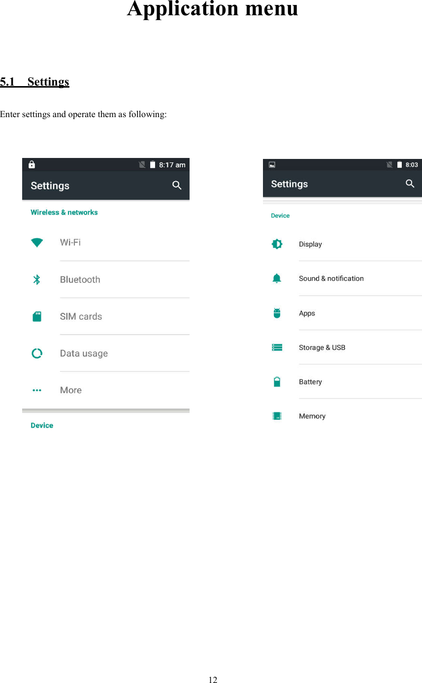   12 Application menu  5.1    Settings Enter settings and operate them as following:                       