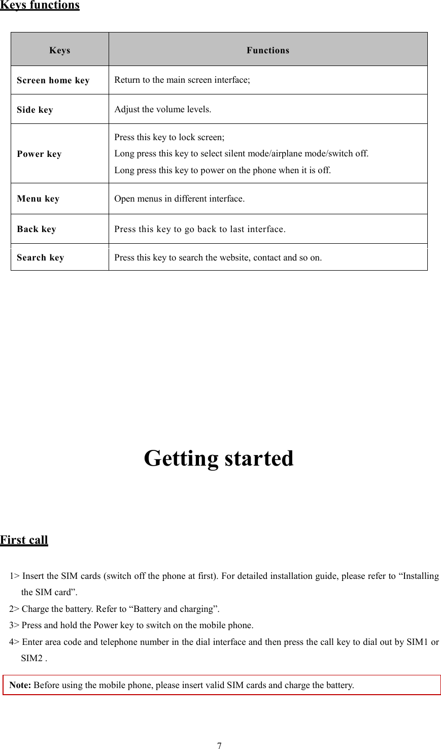   7Keys functions Keys Functions Screen home key  Return to the main screen interface; Side key Adjust the volume levels. Power key Press this key to lock screen; Long press this key to select silent mode/airplane mode/switch off.   Long press this key to power on the phone when it is off. Menu key  Open menus in different interface. Back key  Press this key to go back to last interface. Search key  Press this key to search the website, contact and so on.          Getting started  First call 1> Insert the SIM cards (switch off the phone at first). For detailed installation guide, please refer to &ldquo;Installing the SIM card&rdquo;.   2> Charge the battery. Refer to &ldquo;Battery and charging&rdquo;.   3> Press and hold the Power key to switch on the mobile phone.   4> Enter area code and telephone number in the dial interface and then press the call key to dial out by SIM1 or SIM2 .   Note: Before using the mobile phone, please insert valid SIM cards and charge the battery.    