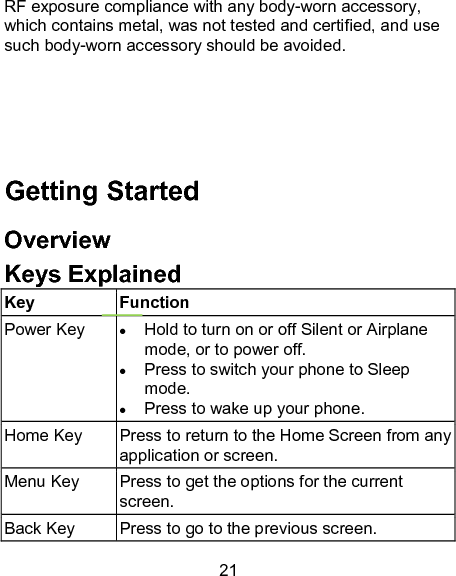 21 RF exposure compliance with any body-worn accessory, which contains metal, was not tested and certified, and use such body-worn accessory should be avoided.     Getting Started Overview Keys Explained   Key Function Power Key  Hold to turn on or off Silent or Airplane mode, or to power off.  Press to switch your phone to Sleep mode.  Press to wake up your phone. Home Key Press to return to the Home Screen from any application or screen. Menu Key  Press to get the options for the current screen. Back Key  Press to go to the previous screen. 