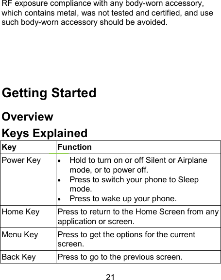 21 RF exposure compliance with any body-worn accessory, which contains metal, was not tested and certified, and use such body-worn accessory should be avoided.     Getting Started Overview Keys Explained   Key Function Power Key  Hold to turn on or off Silent or Airplane mode, or to power off.  Press to switch your phone to Sleep mode.  Press to wake up your phone. Home Key Press to return to the Home Screen from any application or screen. Menu Key  Press to get the options for the current screen. Back Key  Press to go to the previous screen. 