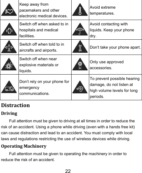 22  Keep away from pacemakers and other electronic medical devices.  Avoid extreme temperatures.  Switch off when asked to in hospitals and medical facilities.  Avoid contacting with liquids. Keep your phone dry.  Switch off when told to in aircrafts and airports.  Don’t take your phone apart.  Switch off when near explosive materials or liquids.  Only use approved accessories.  Don’t rely on your phone for emergency communications.  To prevent possible hearing damage, do not listen at high volume levels for long periods. Distraction Driving Full attention must be given to driving at all times in order to reduce the risk of an accident. Using a phone while driving (even with a hands free kit) can cause distraction and lead to an accident. You must comply with local laws and regulations restricting the use of wireless devices while driving. Operating Machinery Full attention must be given to operating the machinery in order to reduce the risk of an accident. 