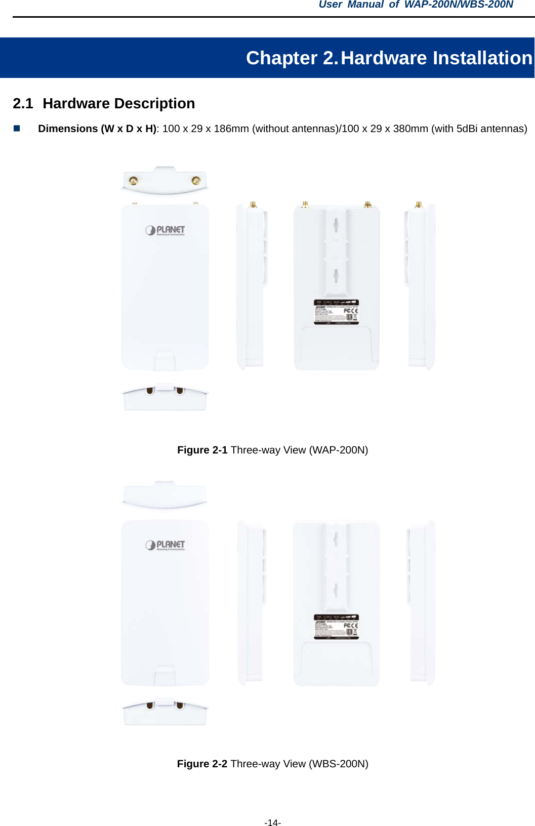 User  Manual of WAP-200N/WBS-200N  -14- Chapter 2. Hardware Installation 2.1 Hardware Description  Dimensions (W x D x H): 100 x 29 x 186mm (without antennas)/100 x 29 x 380mm (with 5dBi antennas)  Figure 2-1 Three-way View (WAP-200N)  Figure 2-2 Three-way View (WBS-200N) 