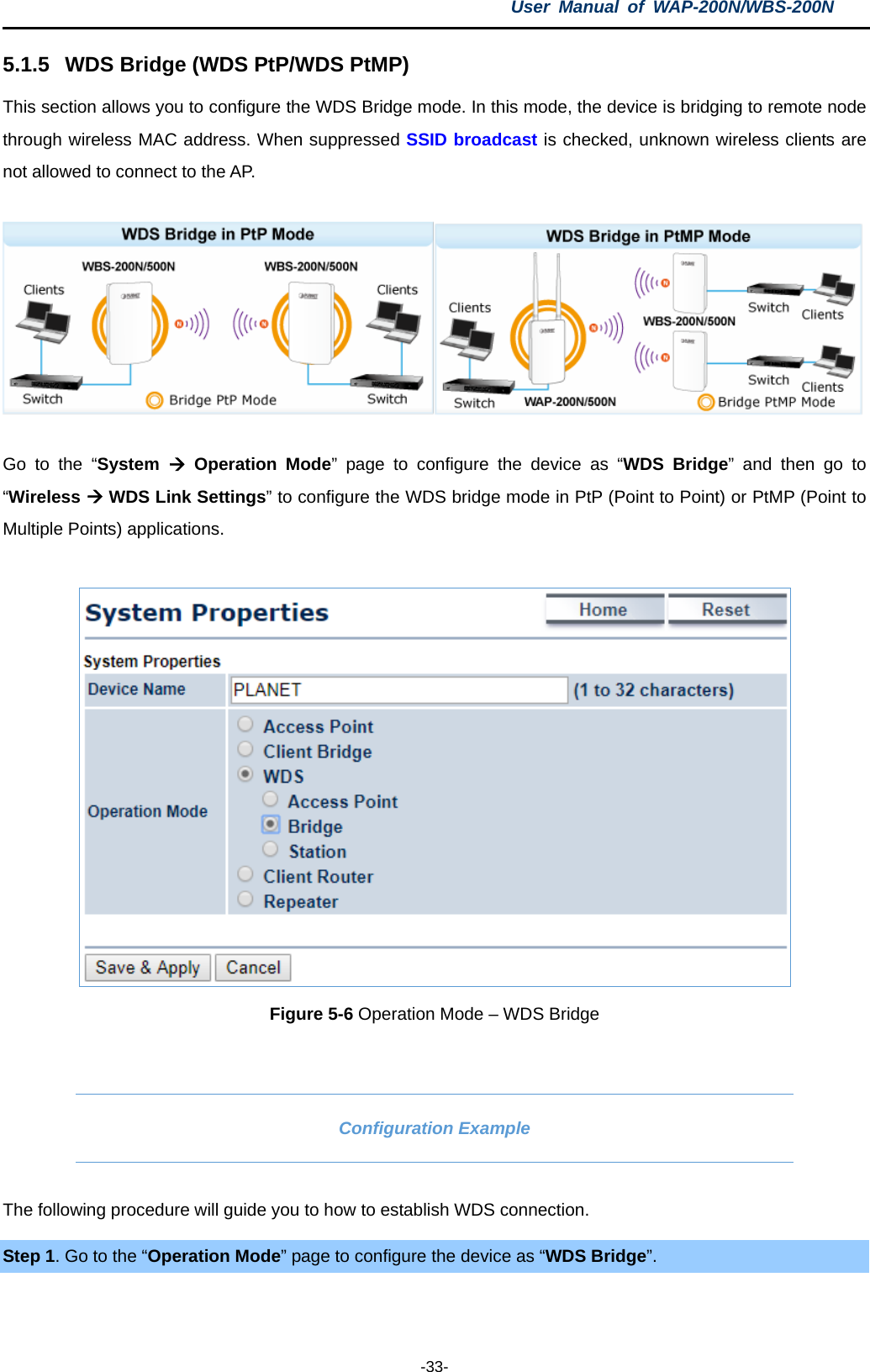 User  Manual of WAP-200N/WBS-200N  -33- 5.1.5 WDS Bridge (WDS PtP/WDS PtMP) This section allows you to configure the WDS Bridge mode. In this mode, the device is bridging to remote node through wireless MAC address. When suppressed SSID broadcast is checked, unknown wireless clients are not allowed to connect to the AP.    Go to the  “System  Operation Mode”  page to configure the device as “WDS Bridge”  and then  go to “Wireless  WDS Link Settings” to configure the WDS bridge mode in PtP (Point to Point) or PtMP (Point to Multiple Points) applications.   Figure 5-6 Operation Mode – WDS Bridge  Configuration Example The following procedure will guide you to how to establish WDS connection. Step 1. Go to the “Operation Mode” page to configure the device as “WDS Bridge”.  