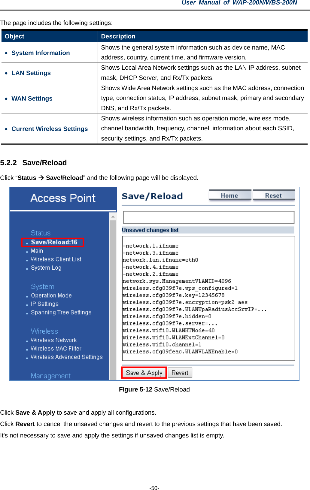 User  Manual of WAP-200N/WBS-200N  -50- The page includes the following settings: Object  Description • System Information Shows the general system information such as device name, MAC address, country, current time, and firmware version. • LAN Settings Shows Local Area Network settings such as the LAN IP address, subnet mask, DHCP Server, and Rx/Tx packets. • WAN Settings Shows Wide Area Network settings such as the MAC address, connection type, connection status, IP address, subnet mask, primary and secondary DNS, and Rx/Tx packets. • Current Wireless Settings Shows wireless information such as operation mode, wireless mode, channel bandwidth, frequency, channel, information about each SSID, security settings, and Rx/Tx packets.  5.2.2 Save/Reload Click “Status  Save/Reload” and the following page will be displayed.  Figure 5-12 Save/Reload  Click Save &amp; Apply to save and apply all configurations.   Click Revert to cancel the unsaved changes and revert to the previous settings that have been saved. It&apos;s not necessary to save and apply the settings if unsaved changes list is empty. 