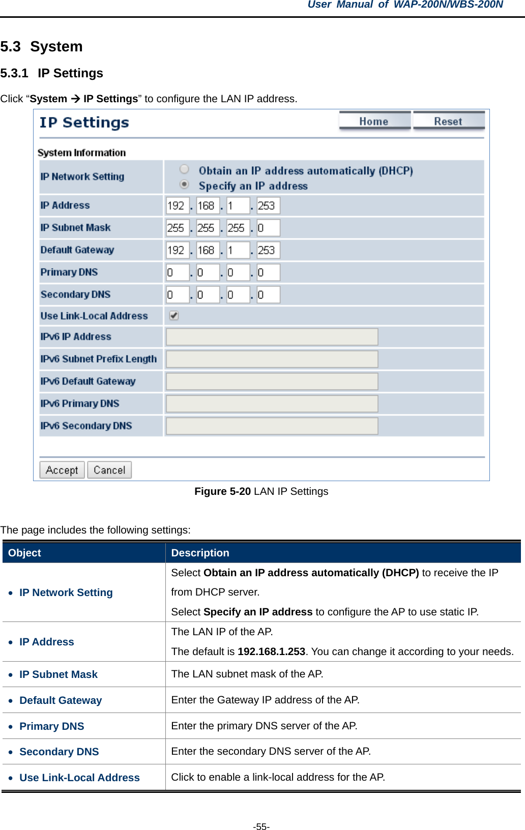 User  Manual of WAP-200N/WBS-200N  -55- 5.3 System 5.3.1 IP Settings Click “System  IP Settings” to configure the LAN IP address.  Figure 5-20 LAN IP Settings  The page includes the following settings: Object  Description • IP Network Setting Select Obtain an IP address automatically (DHCP) to receive the IP from DHCP server. Select Specify an IP address to configure the AP to use static IP. • IP Address The LAN IP of the AP. The default is 192.168.1.253. You can change it according to your needs. • IP Subnet Mask The LAN subnet mask of the AP. • Default Gateway Enter the Gateway IP address of the AP. • Primary DNS Enter the primary DNS server of the AP. • Secondary DNS Enter the secondary DNS server of the AP. • Use Link-Local Address Click to enable a link-local address for the AP. 