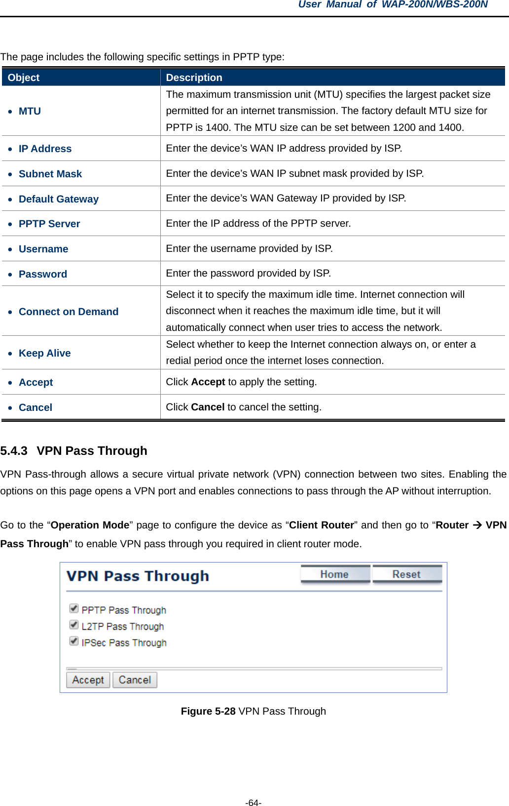 User  Manual of WAP-200N/WBS-200N  -64-  The page includes the following specific settings in PPTP type: Object  Description • MTU The maximum transmission unit (MTU) specifies the largest packet size permitted for an internet transmission. The factory default MTU size for PPTP is 1400. The MTU size can be set between 1200 and 1400. • IP Address Enter the device’s WAN IP address provided by ISP. • Subnet Mask Enter the device’s WAN IP subnet mask provided by ISP. • Default Gateway Enter the device’s WAN Gateway IP provided by ISP. • PPTP Server Enter the IP address of the PPTP server. • Username Enter the username provided by ISP. • Password Enter the password provided by ISP. • Connect on Demand Select it to specify the maximum idle time. Internet connection will disconnect when it reaches the maximum idle time, but it will automatically connect when user tries to access the network. • Keep Alive Select whether to keep the Internet connection always on, or enter a redial period once the internet loses connection. • Accept Click Accept to apply the setting. • Cancel Click Cancel to cancel the setting.  5.4.3 VPN Pass Through VPN Pass-through allows a secure virtual private network (VPN) connection between two sites. Enabling the options on this page opens a VPN port and enables connections to pass through the AP without interruption.  Go to the “Operation Mode” page to configure the device as “Client Router” and then go to “Router  VPN Pass Through” to enable VPN pass through you required in client router mode.  Figure 5-28 VPN Pass Through  